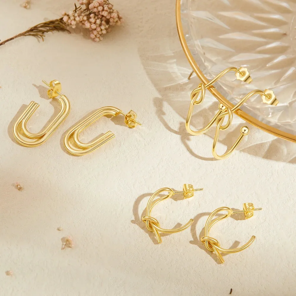 14K Gold Plated Geometric Twisted Huggie Hoops Earrings- Oval Hoop