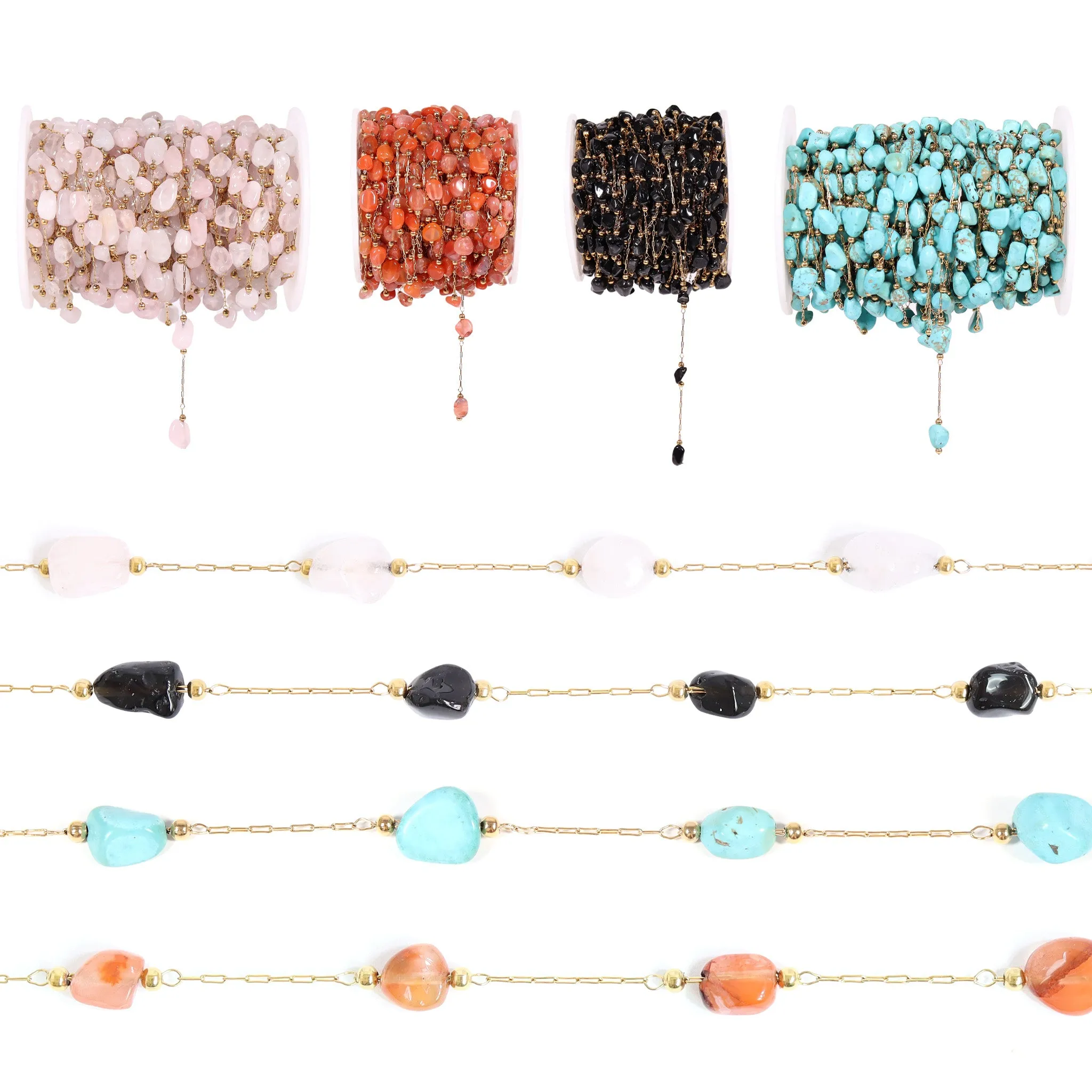 18K Gold PVD Stainless Steel Beaded Stone Chain - By The Foot / SPL1017