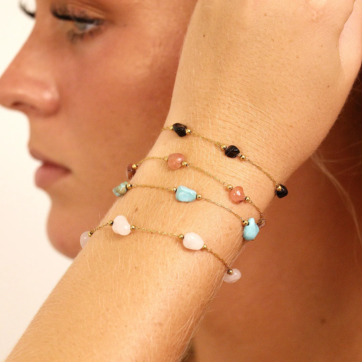 18K Gold PVD Stainless Steel Beaded Stone Chain - By The Foot / SPL1017