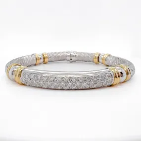 18k White & Yellow Gold Textured Basket Weave Diamond Bangle Bracelet 1.57ctw
