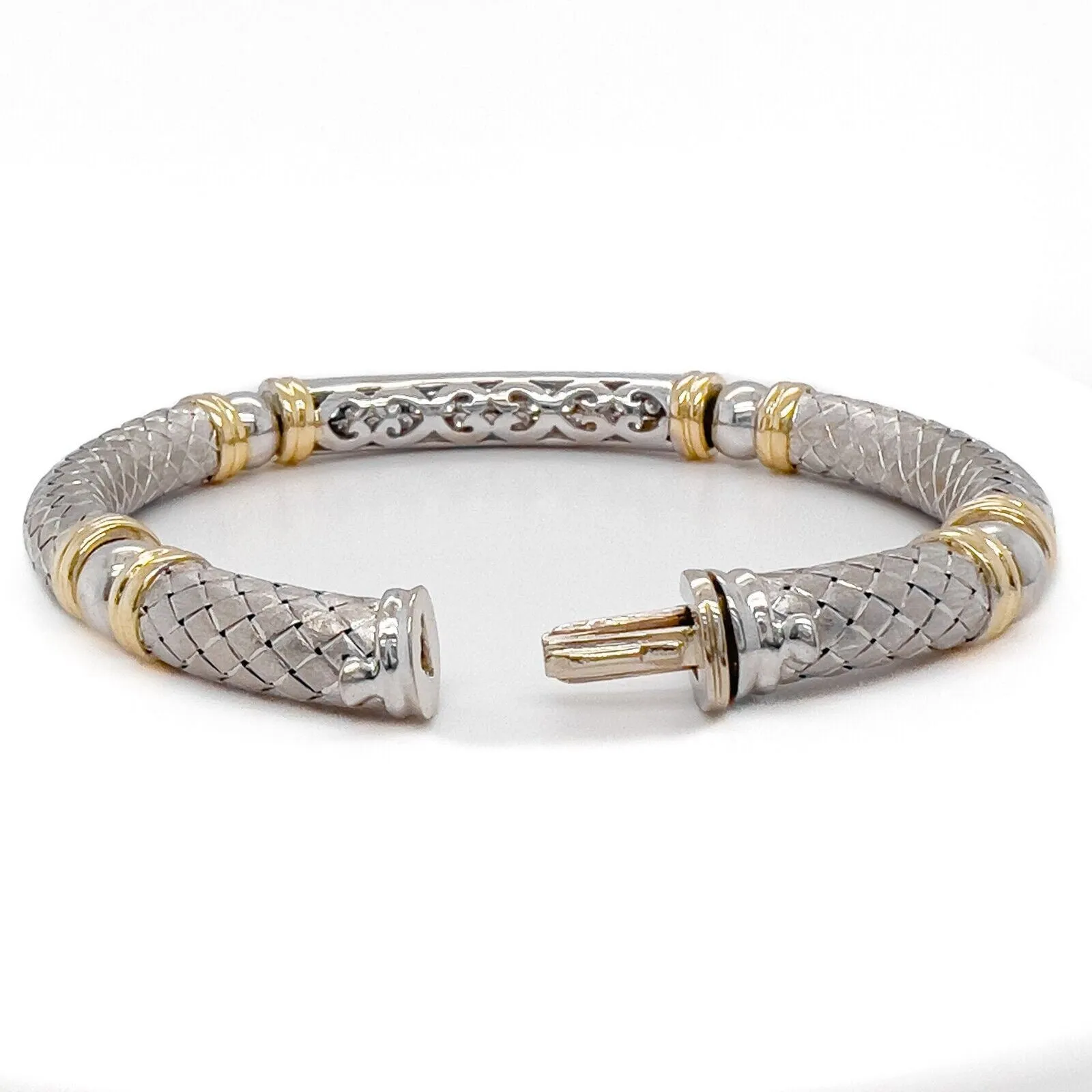 18k White & Yellow Gold Textured Basket Weave Diamond Bangle Bracelet 1.57ctw