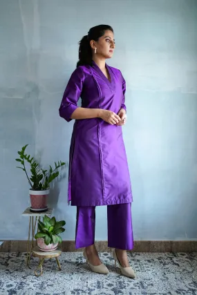 Barkha x Tyohaar | Purple A-Line Art Silk V Neck Kurta with Detailing | Coords or Only Kurta