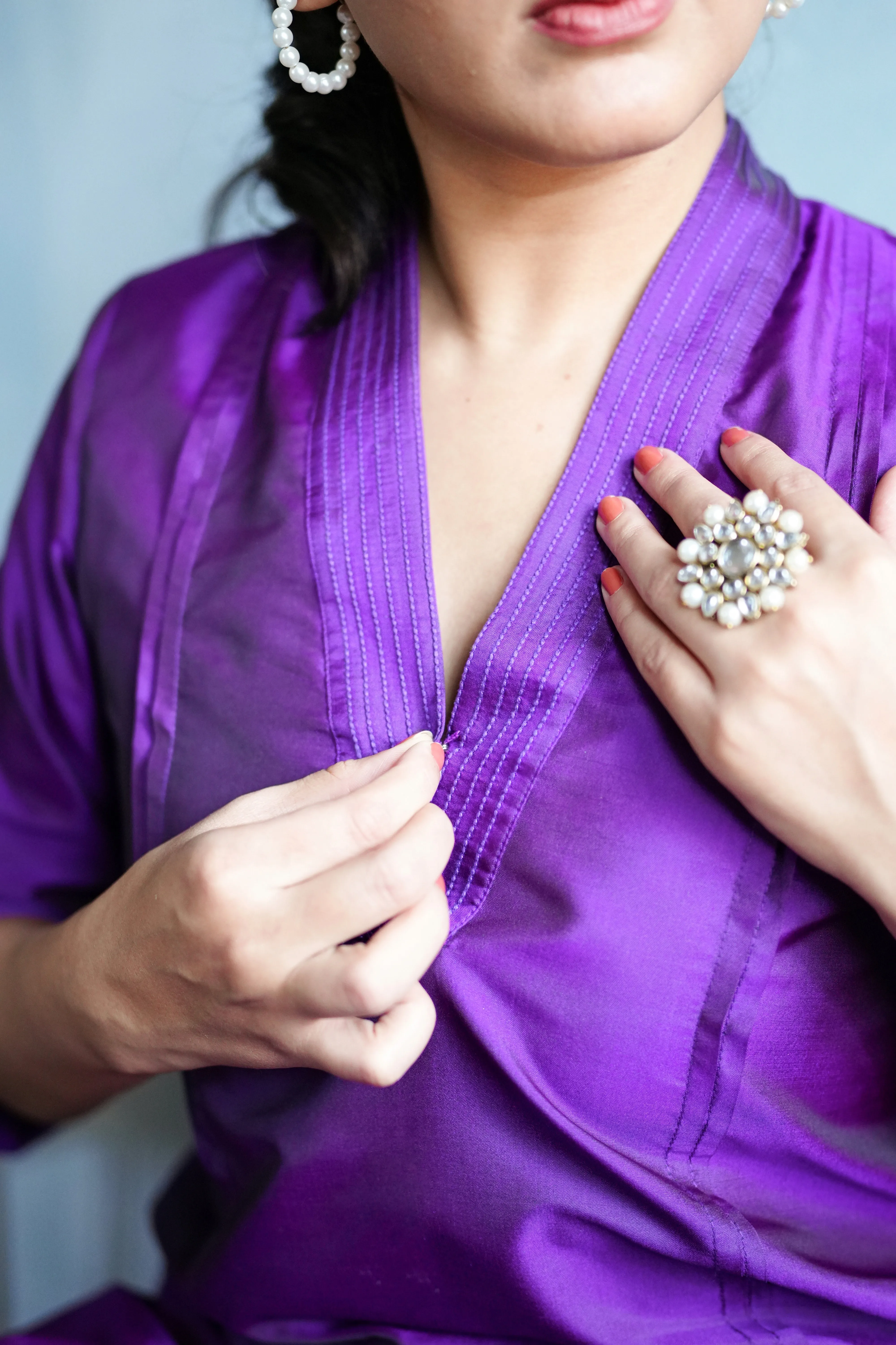 Barkha x Tyohaar | Purple A-Line Art Silk V Neck Kurta with Detailing | Coords or Only Kurta