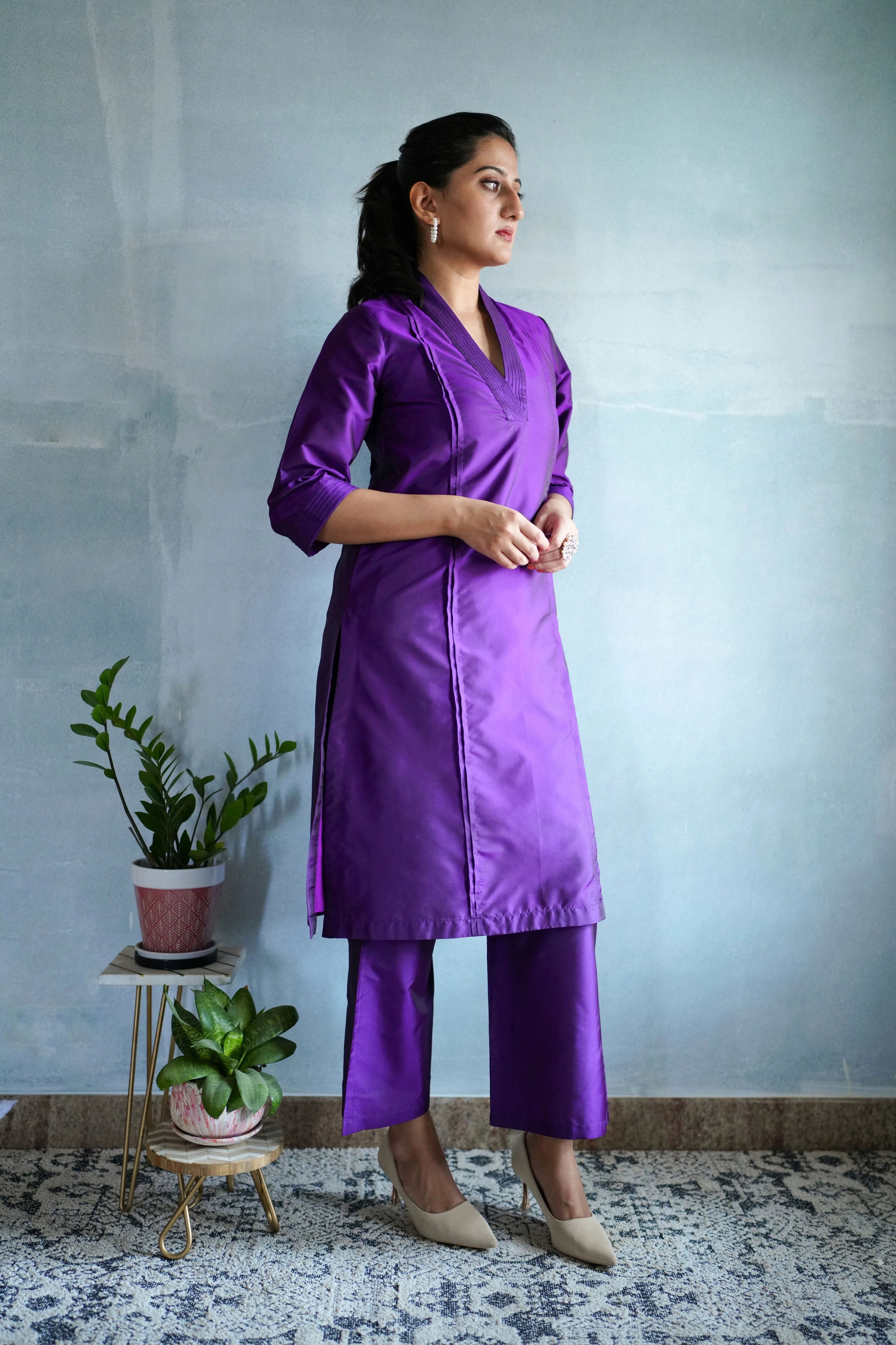 Barkha x Tyohaar | Purple A-Line Art Silk V Neck Kurta with Detailing | Coords or Only Kurta