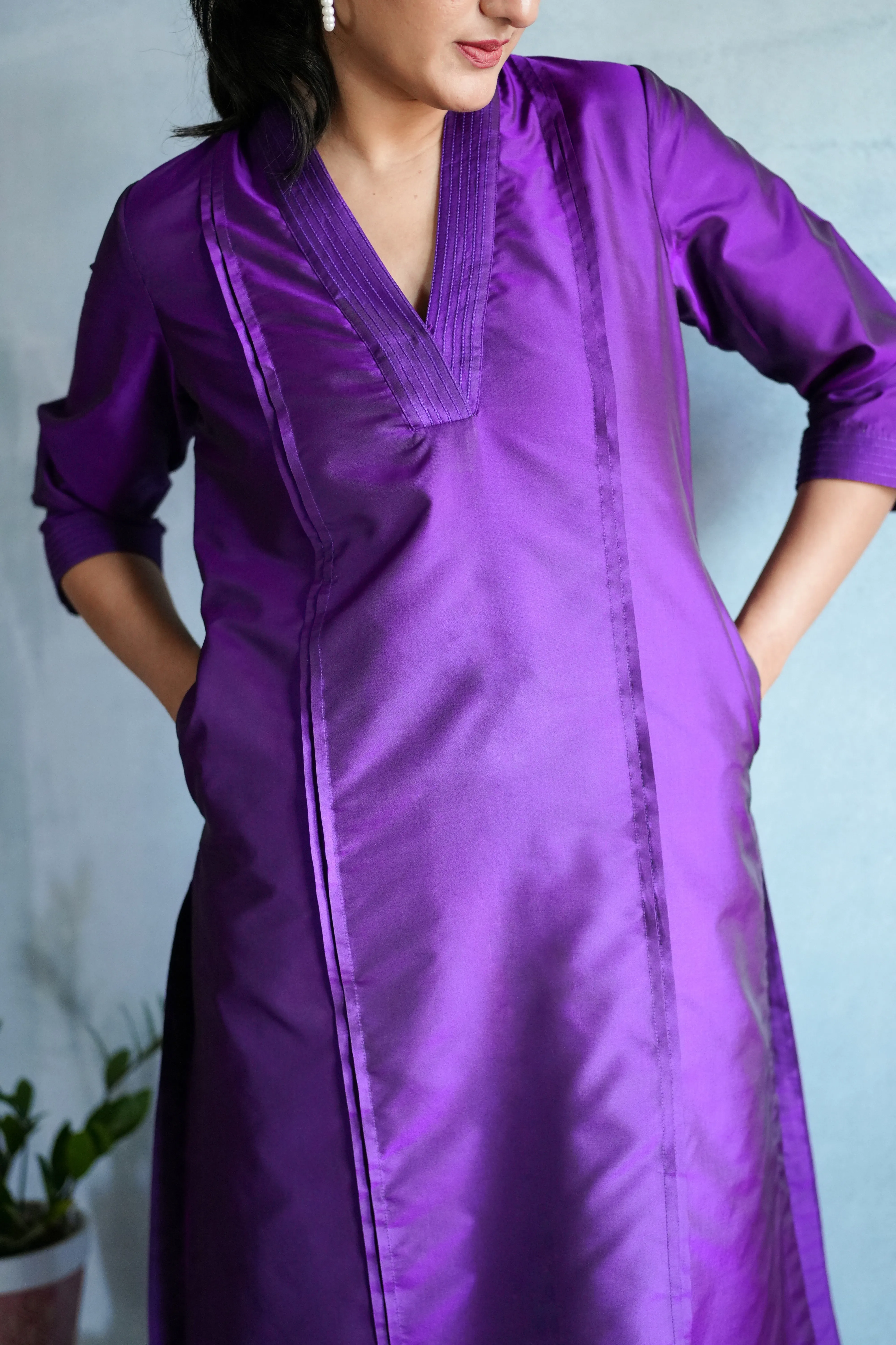 Barkha x Tyohaar | Purple A-Line Art Silk V Neck Kurta with Detailing | Coords or Only Kurta