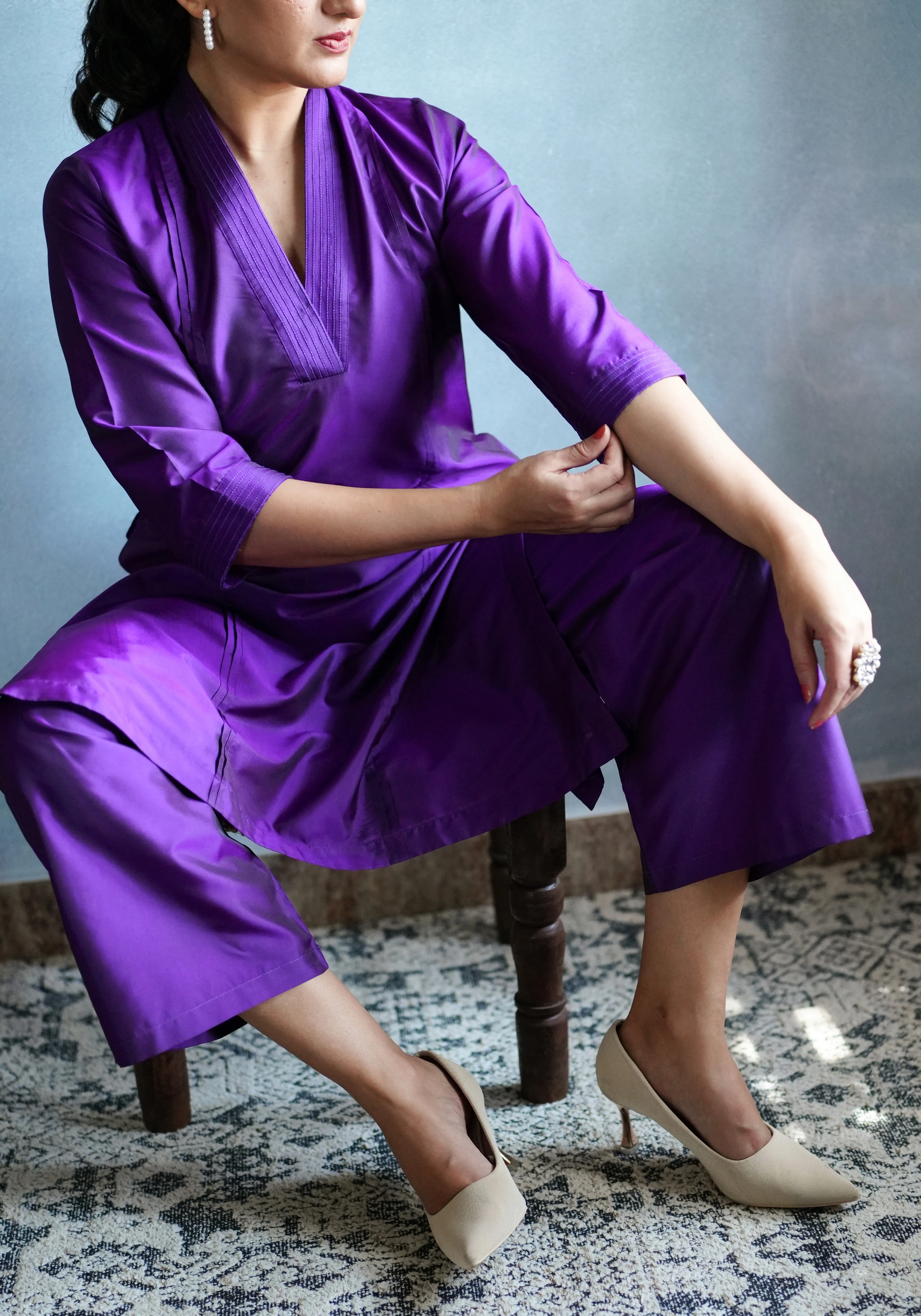 Barkha x Tyohaar | Purple A-Line Art Silk V Neck Kurta with Detailing | Coords or Only Kurta