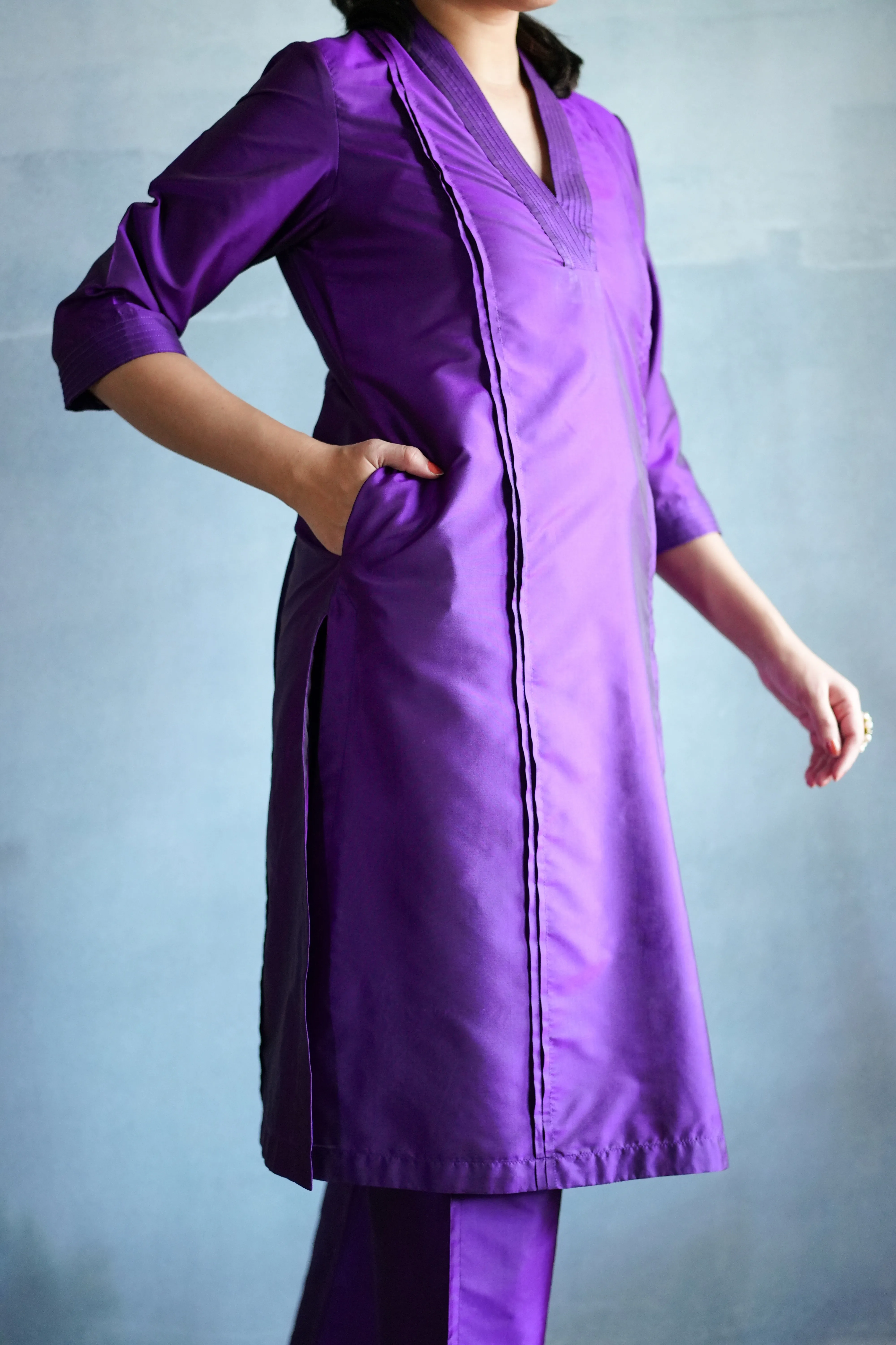 Barkha x Tyohaar | Purple A-Line Art Silk V Neck Kurta with Detailing | Coords or Only Kurta