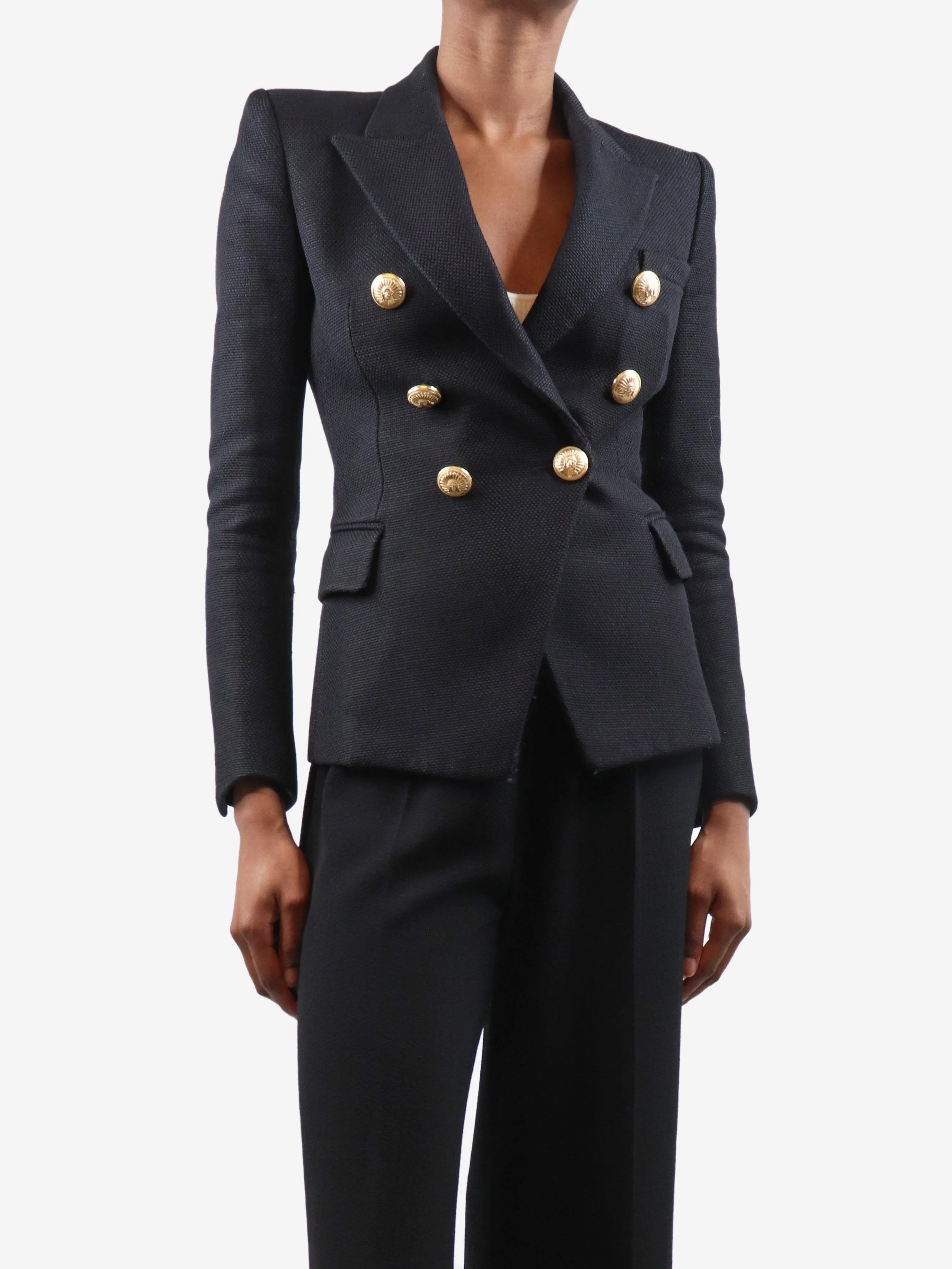 Black double-breasted padded-shoulders blazer - size UK 6