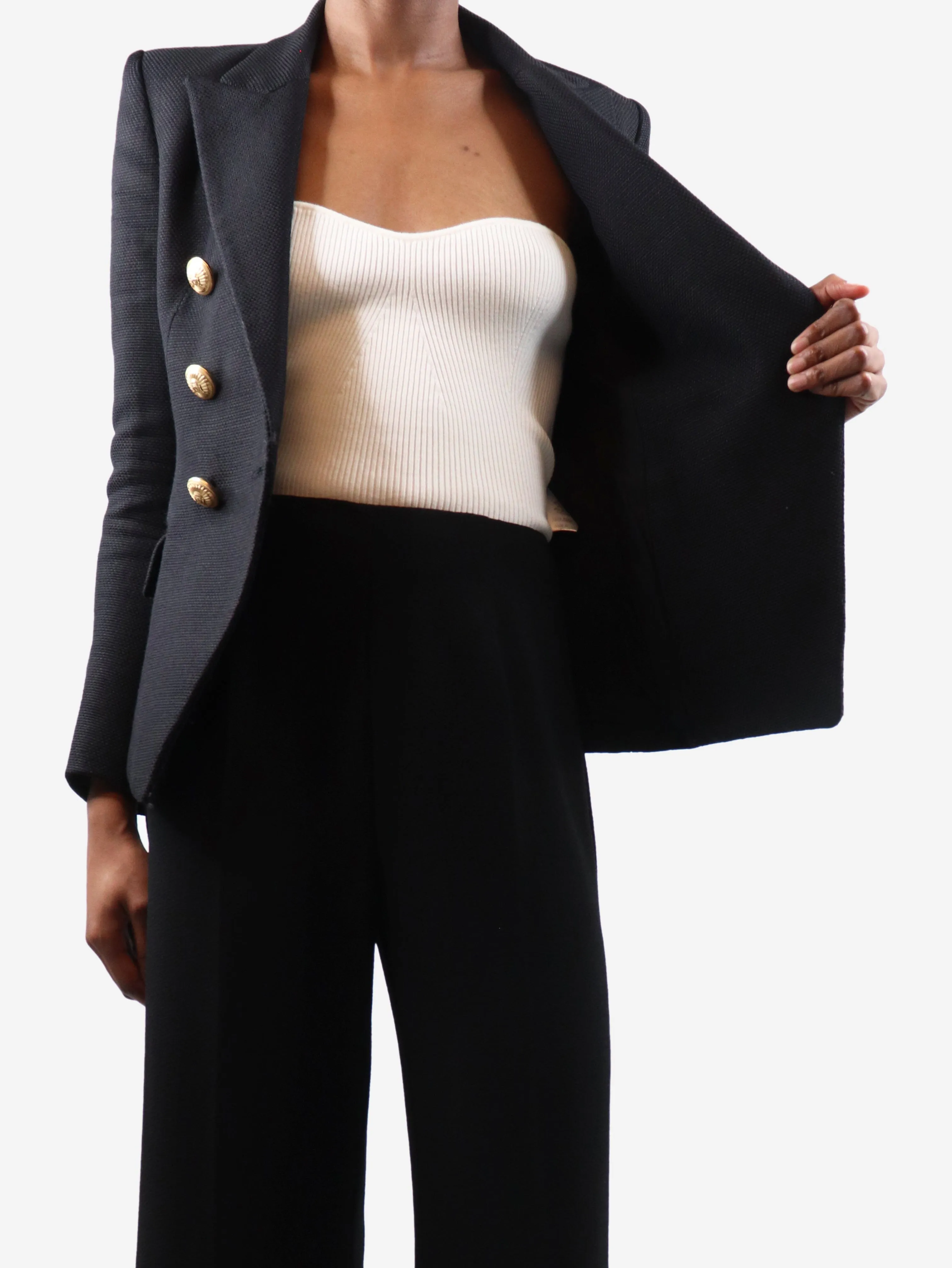 Black double-breasted padded-shoulders blazer - size UK 6