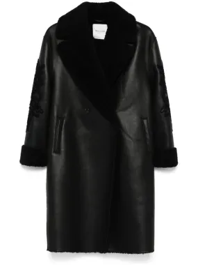 BLACK FAUX LEATHER DOUBLE-BREASTED BUTTON COAT
