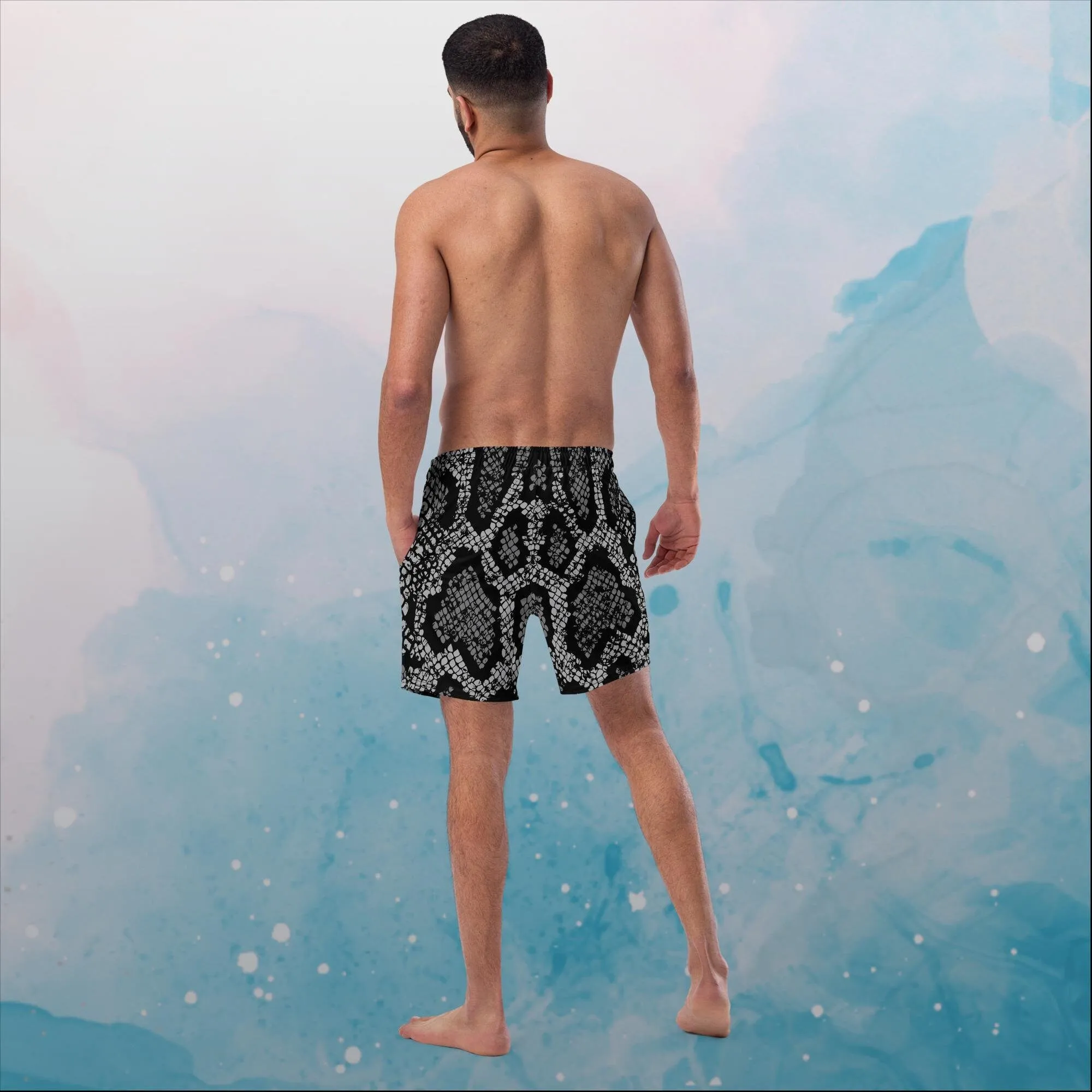 Black Snake Skin Print Mens Swim Trunks