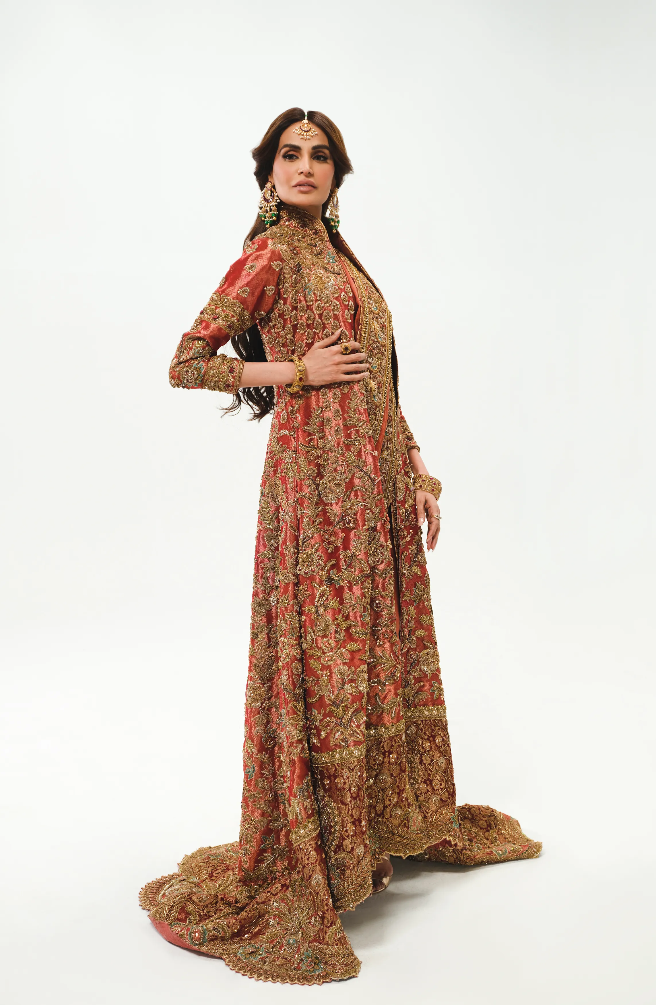 Copper-Rust Jacket ensemble with 3D Flowers & Sequins