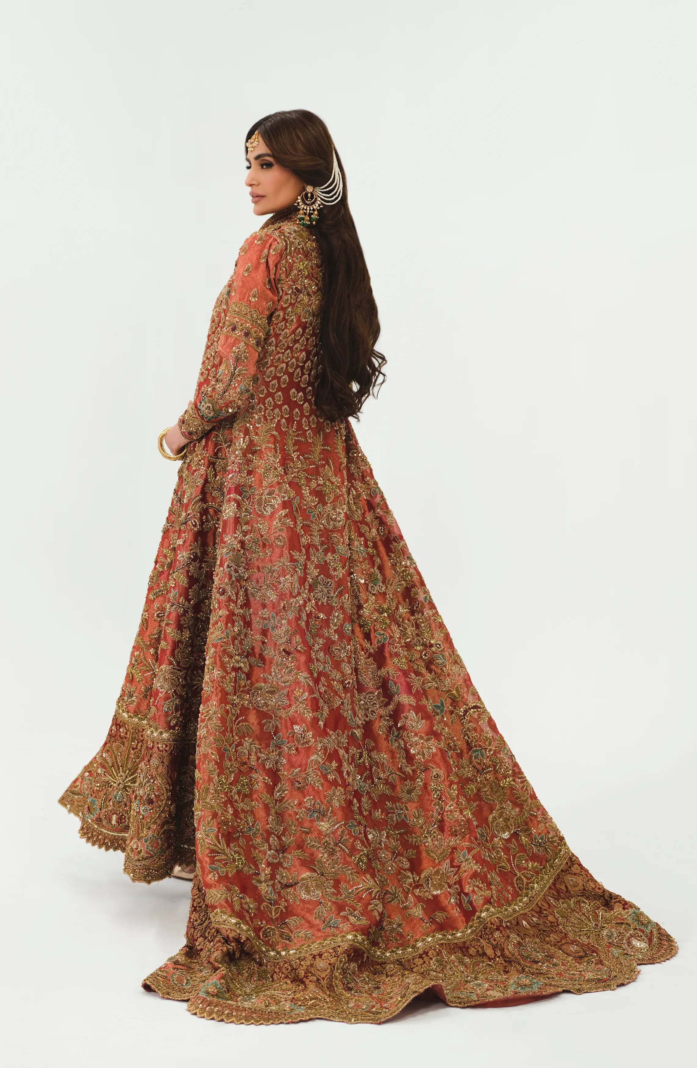 Copper-Rust Jacket ensemble with 3D Flowers & Sequins