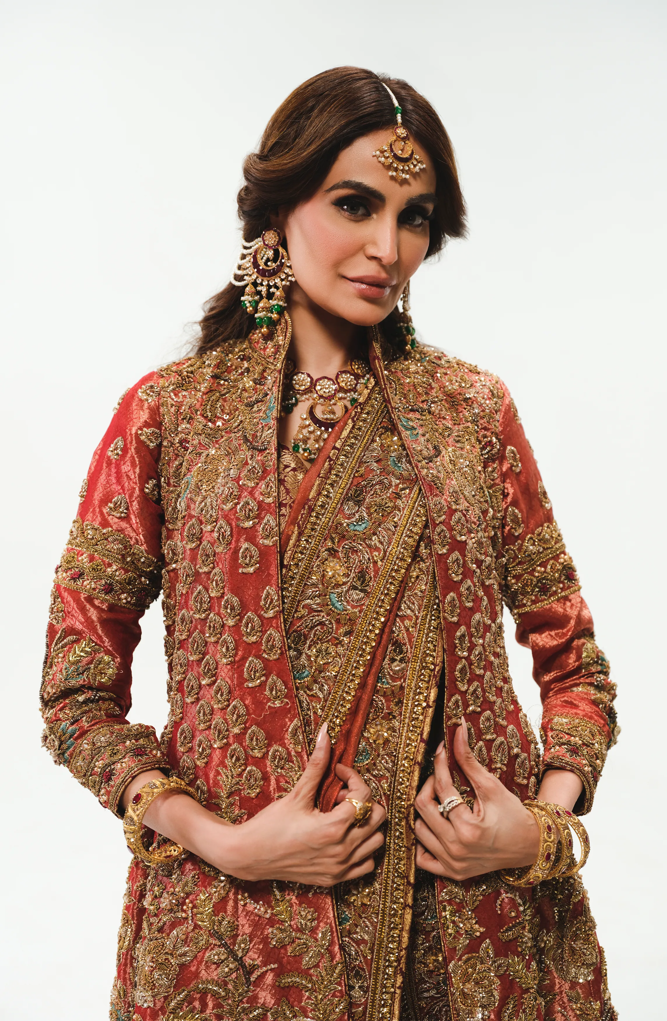 Copper-Rust Jacket ensemble with 3D Flowers & Sequins
