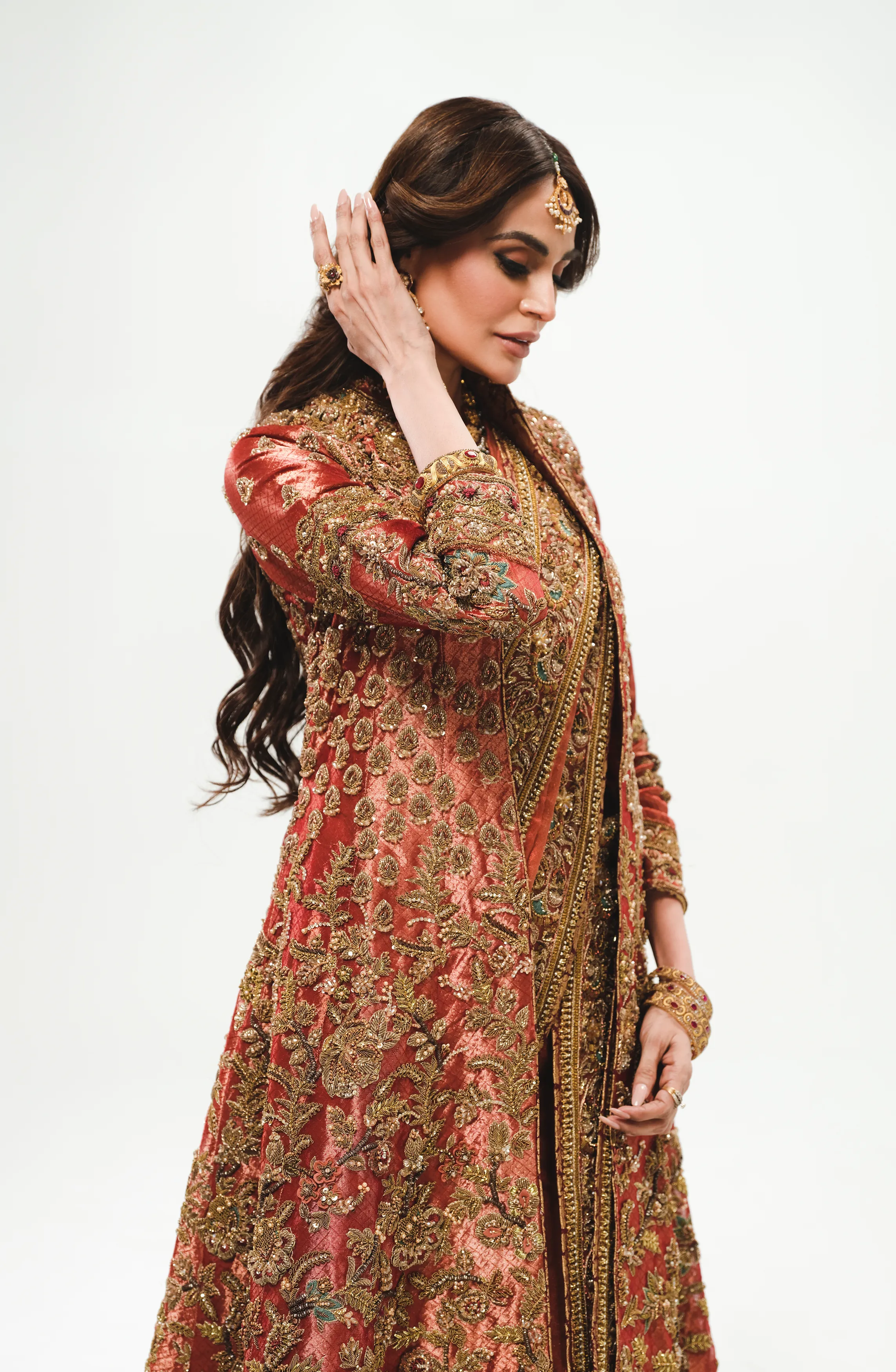 Copper-Rust Jacket ensemble with 3D Flowers & Sequins