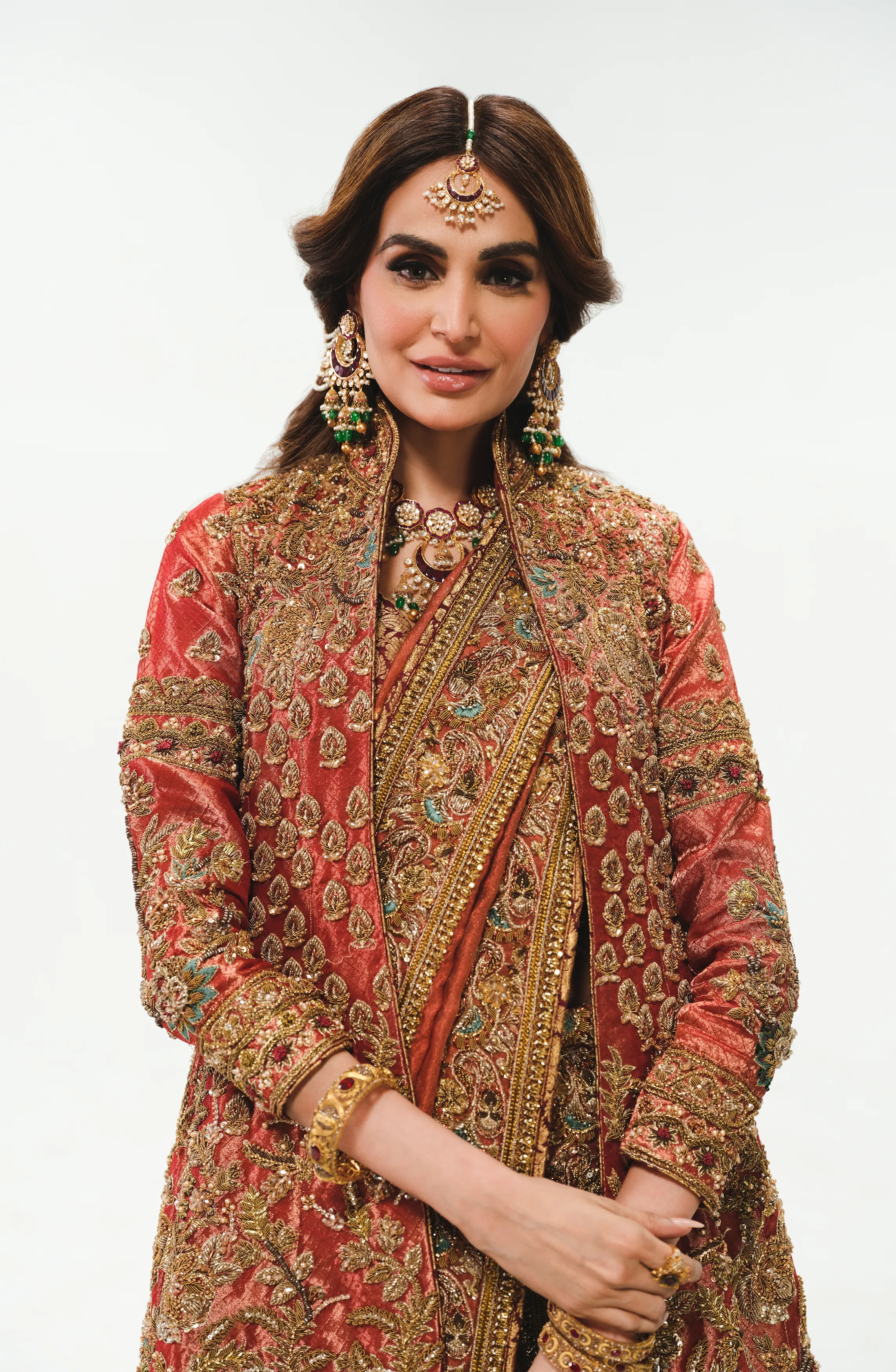 Copper-Rust Jacket ensemble with 3D Flowers & Sequins