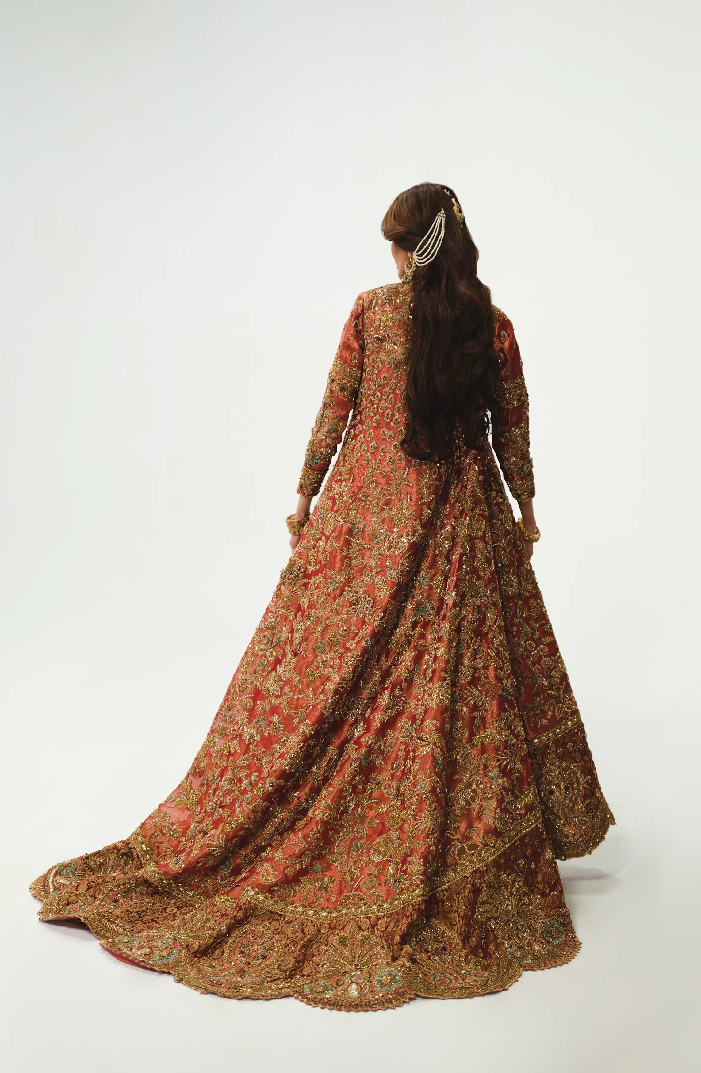 Copper-Rust Jacket ensemble with 3D Flowers & Sequins
