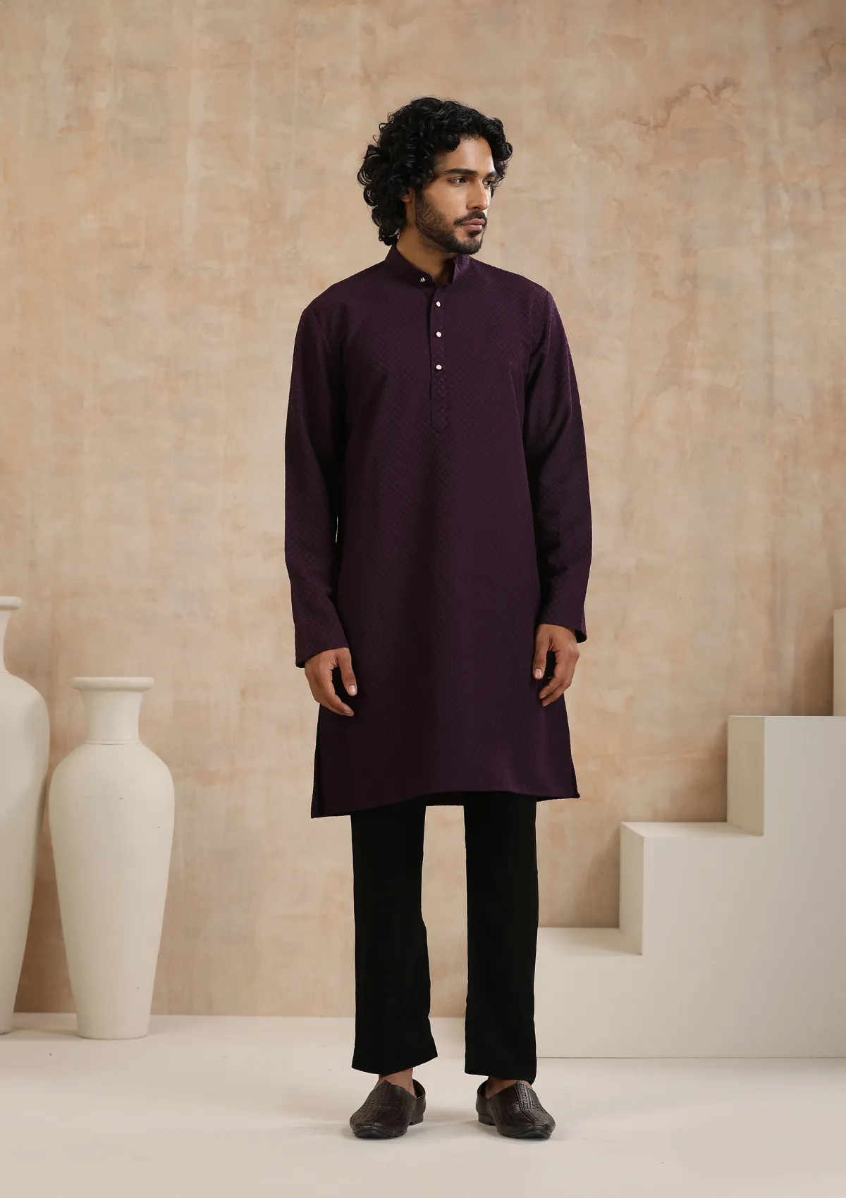 Dobby Textured Solid Men's Long Kurta - Dark Purple