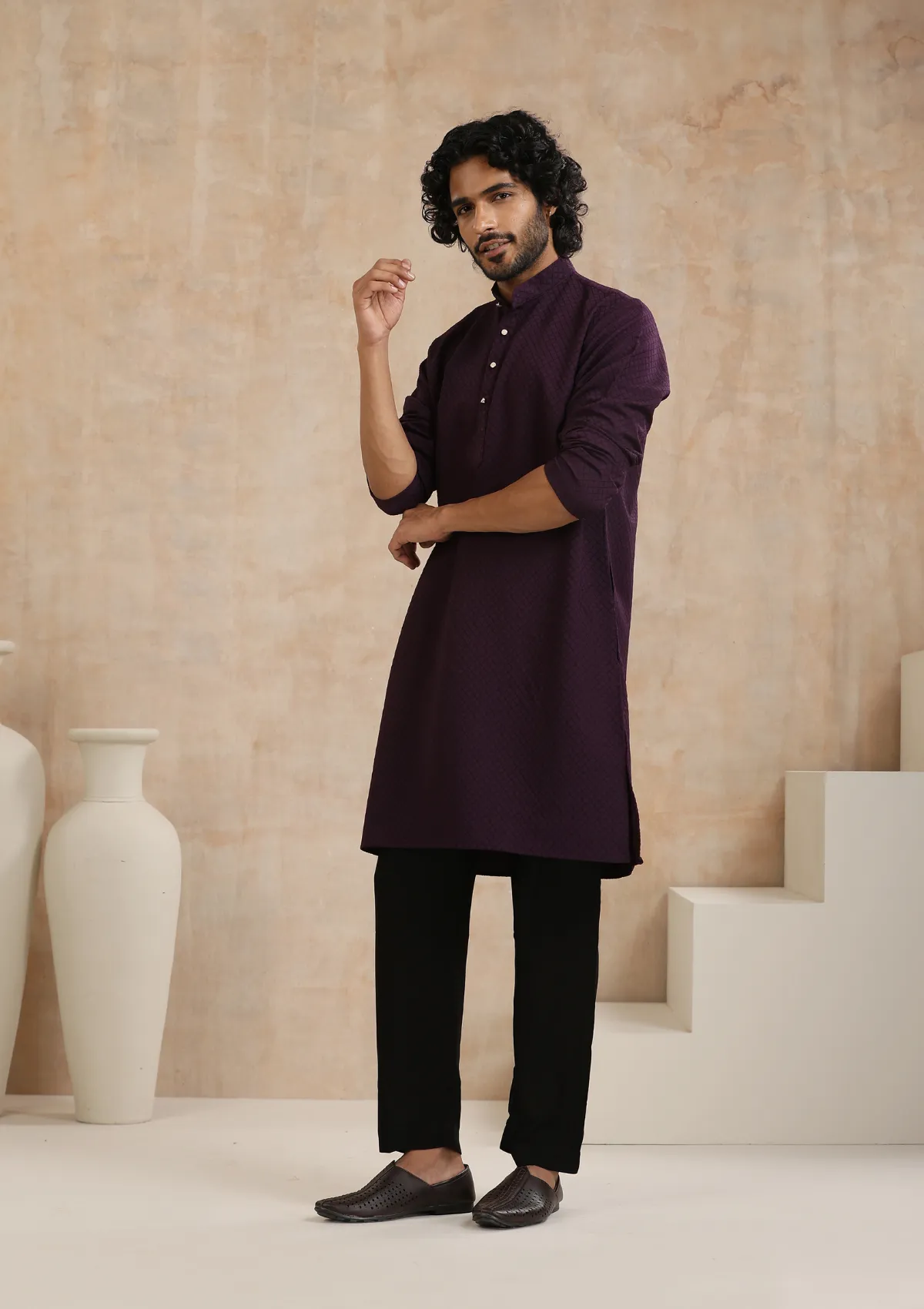 Dobby Textured Solid Men's Long Kurta - Dark Purple