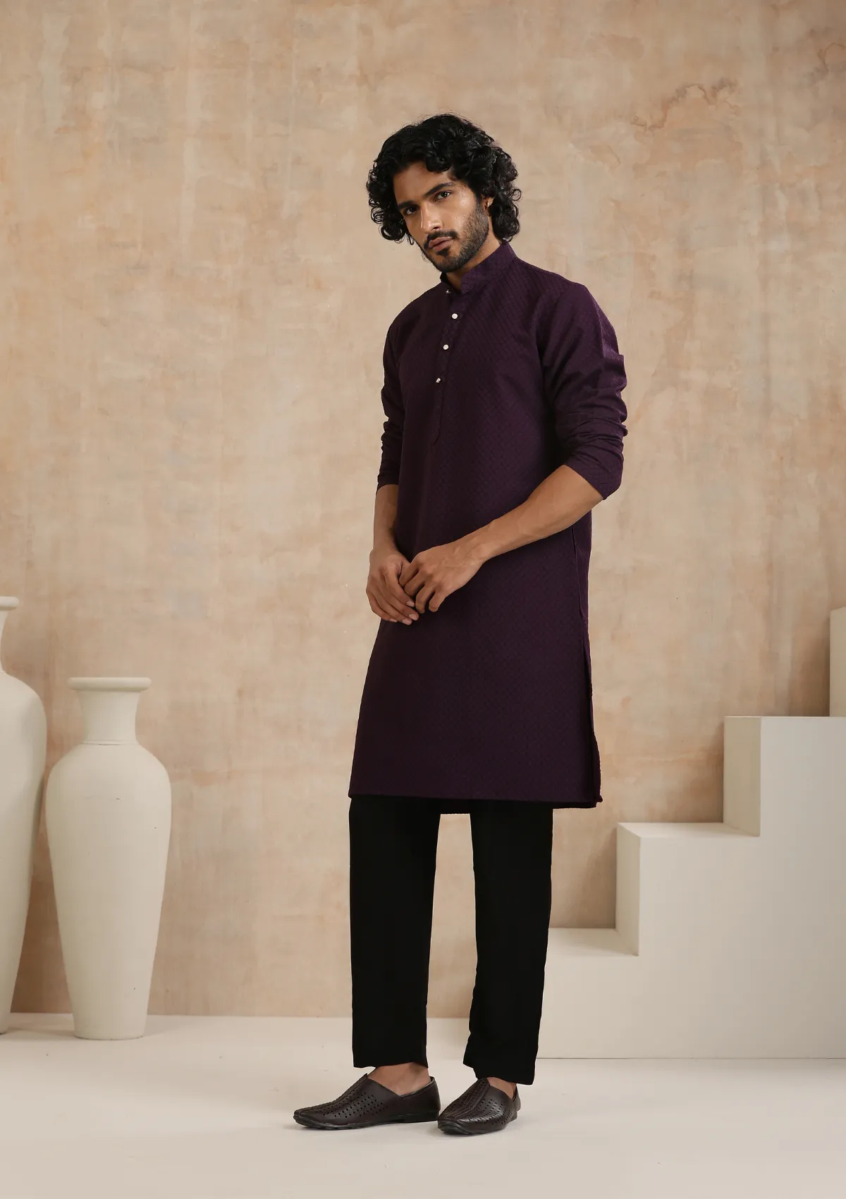 Dobby Textured Solid Men's Long Kurta - Dark Purple