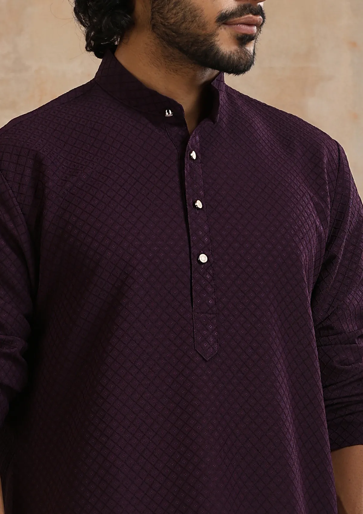 Dobby Textured Solid Men's Long Kurta - Dark Purple
