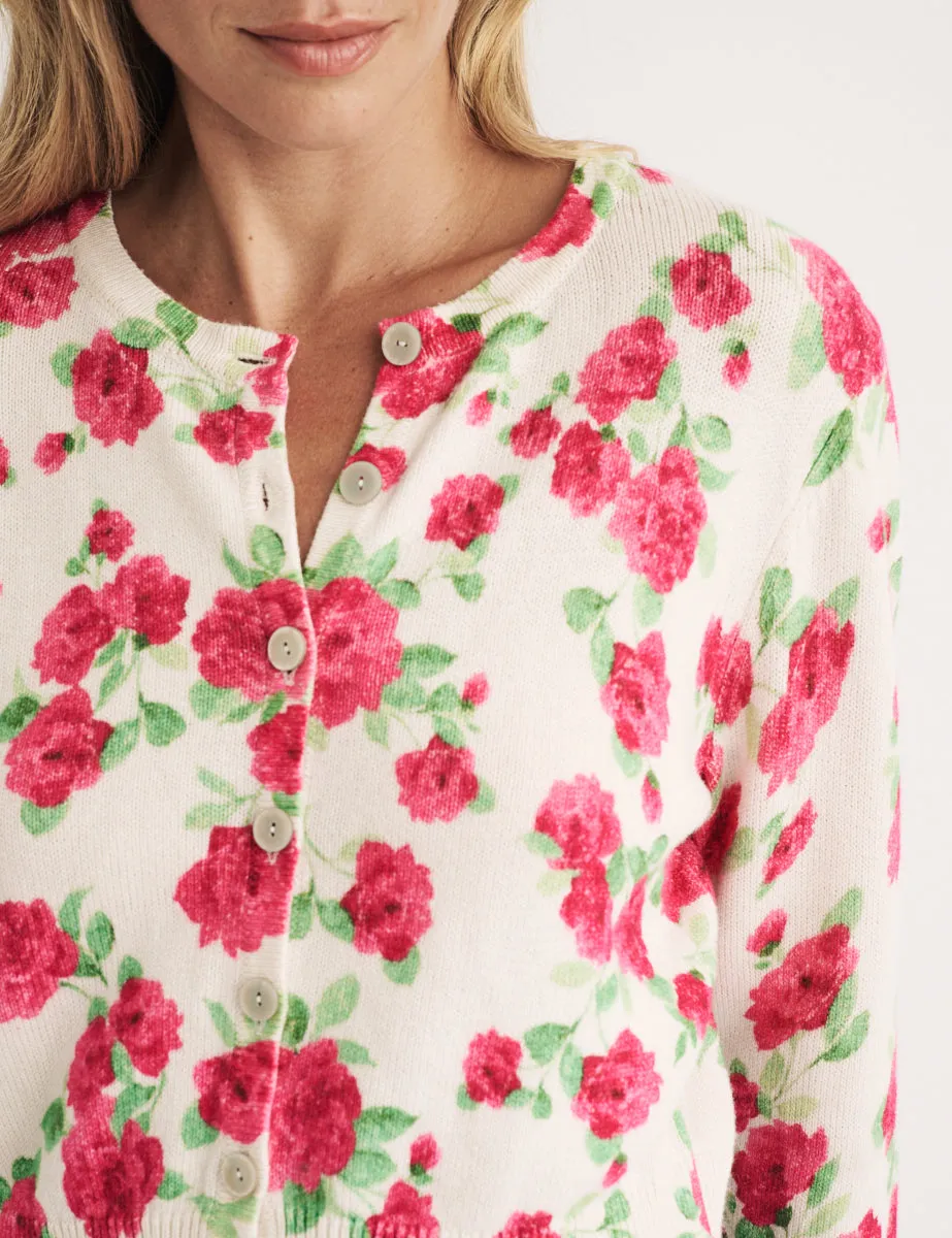 Floral Print Crew Neck Wool Blend Cardigan