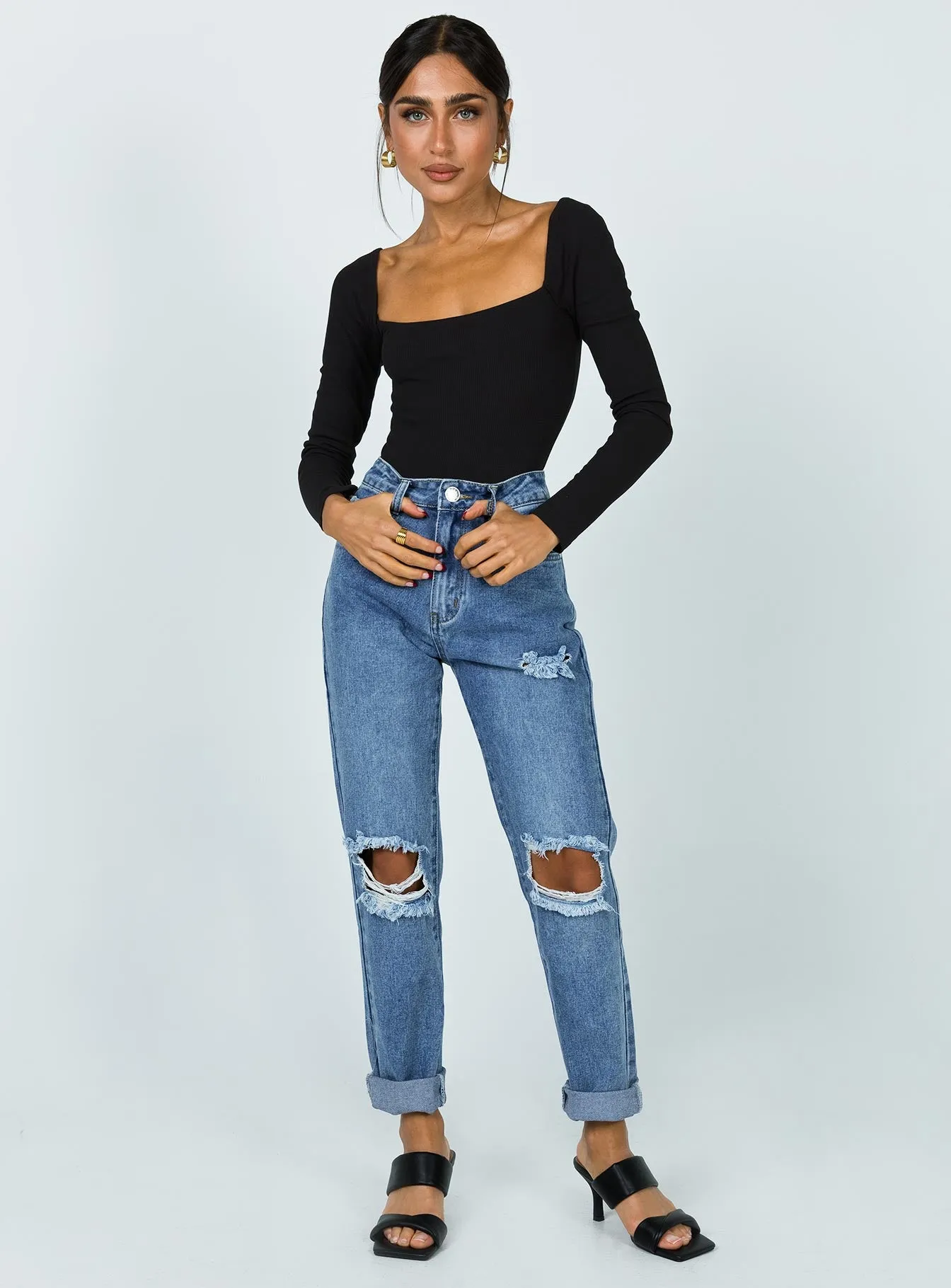 Hayden Knee Rip Jeans Mid Wash Denim