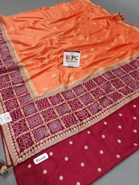 KcPc Exclusive Multicolor Bandhani Semi Gaji Silk Saree with Ghatchola Bandhej Border Orange And Red