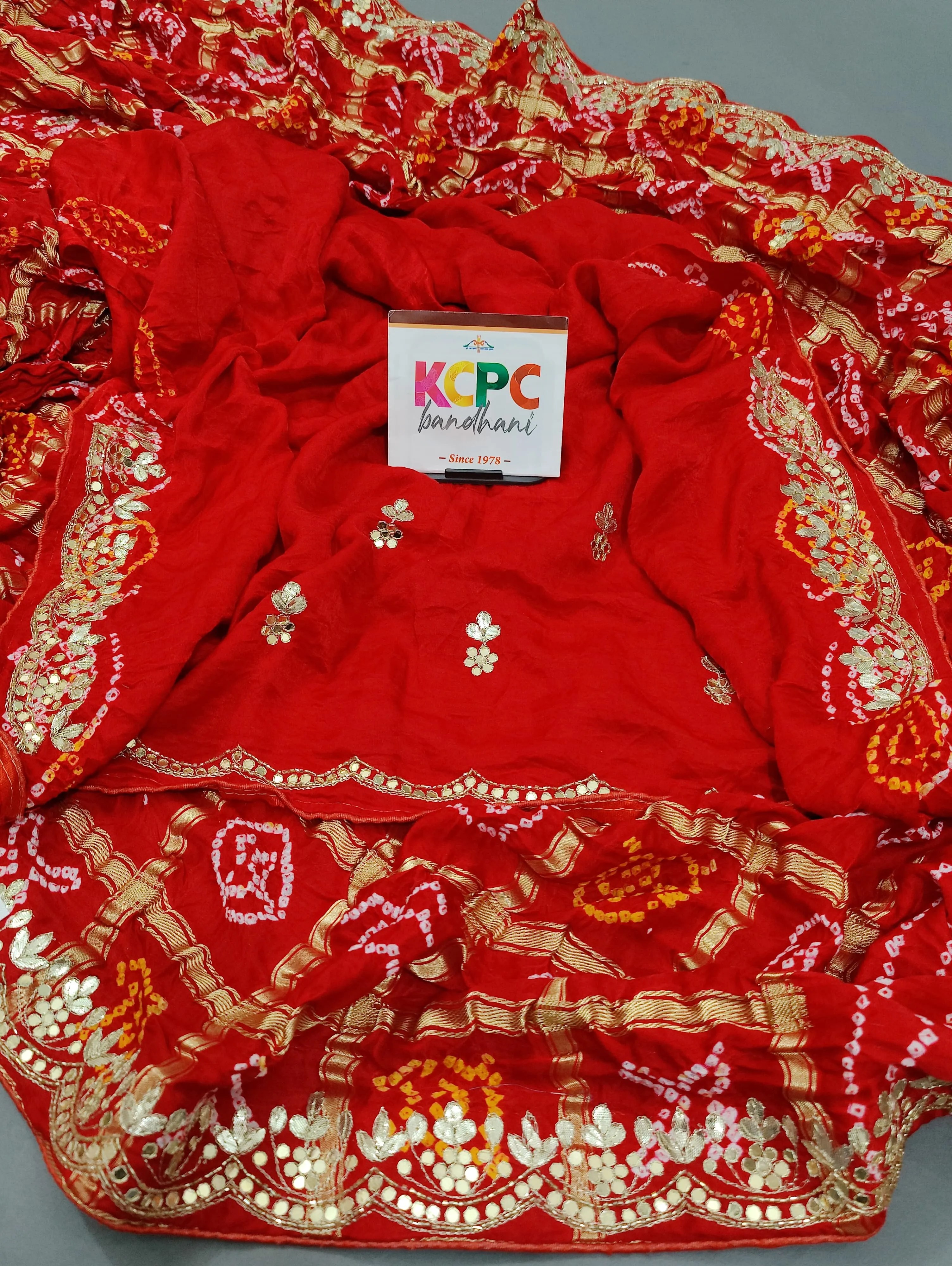 KcPc Latest New Pure Gaji Silk Bandhani Ghatchola Gota Patti Work Saree with Blouse , AMT