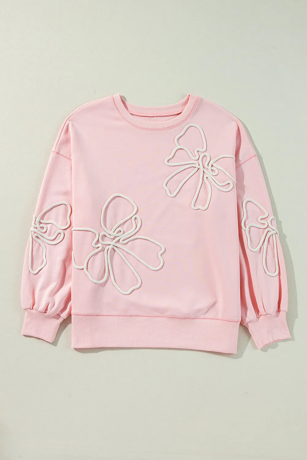 Light Pink Bow Thread Embroidery Ribbed Edge Sweatshirt