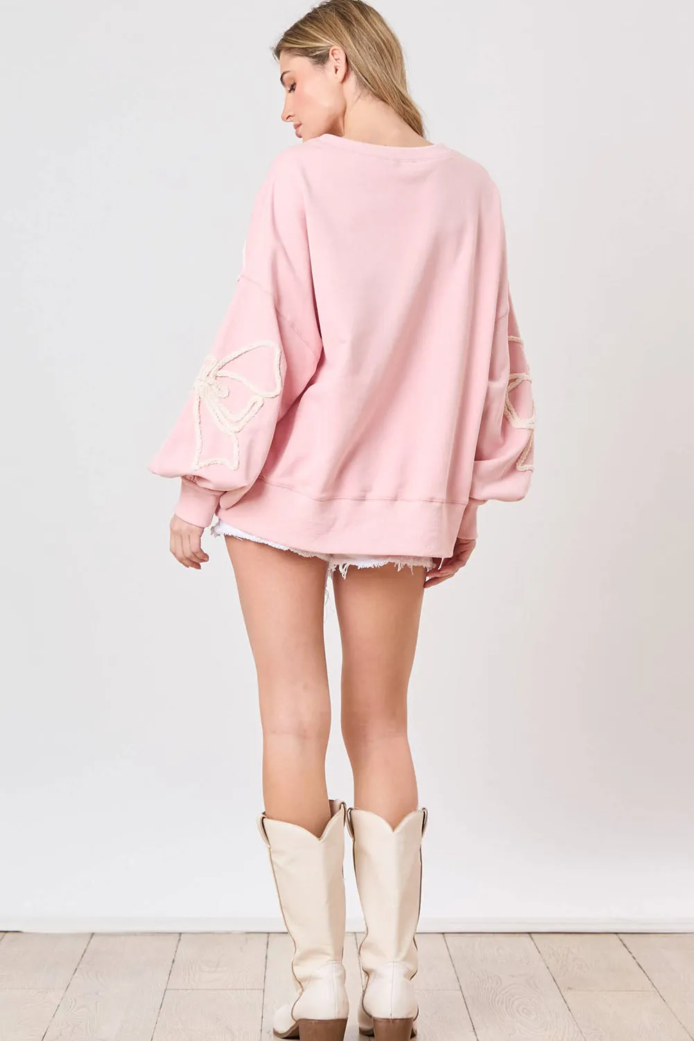 Light Pink Bow Thread Embroidery Ribbed Edge Sweatshirt
