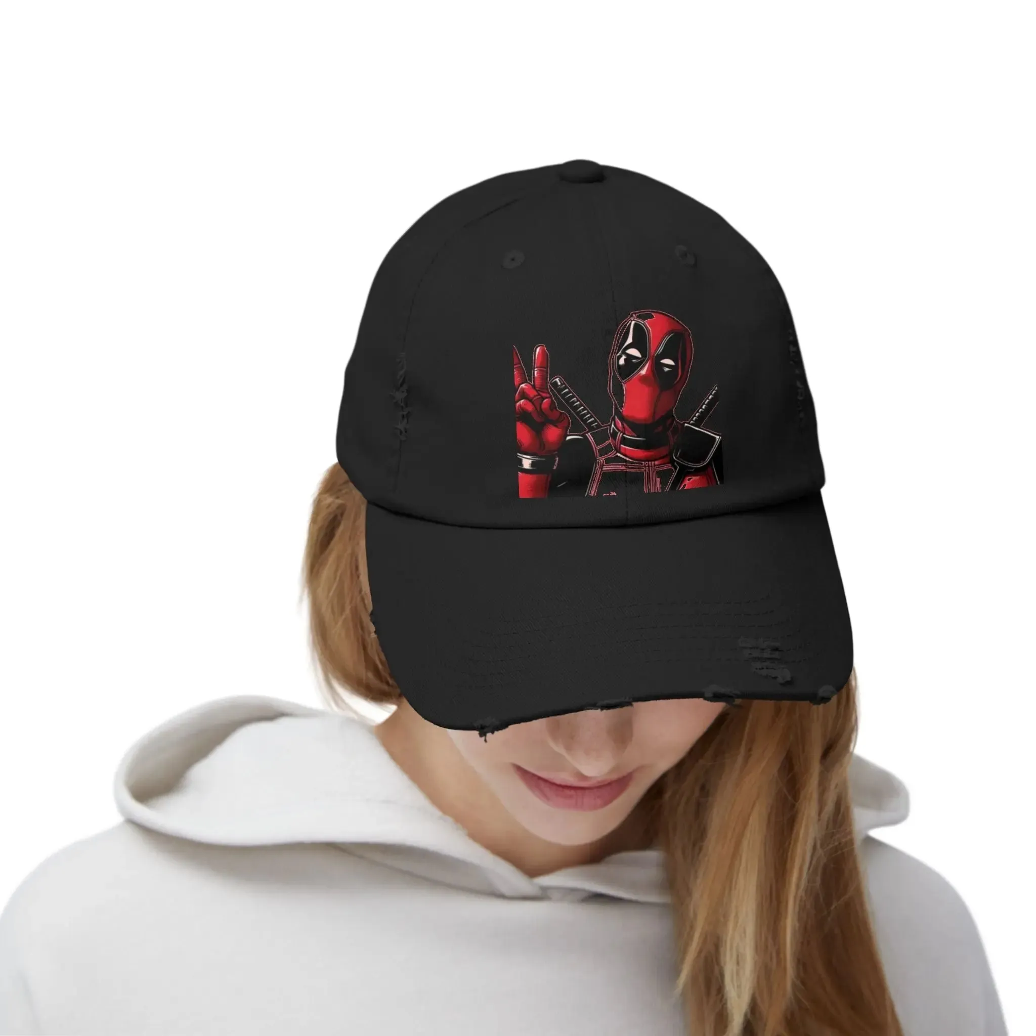 Men's & Women's  Distressed Cap with Deadpool Design - Trendy Casual Headwear for Marvel Fans
