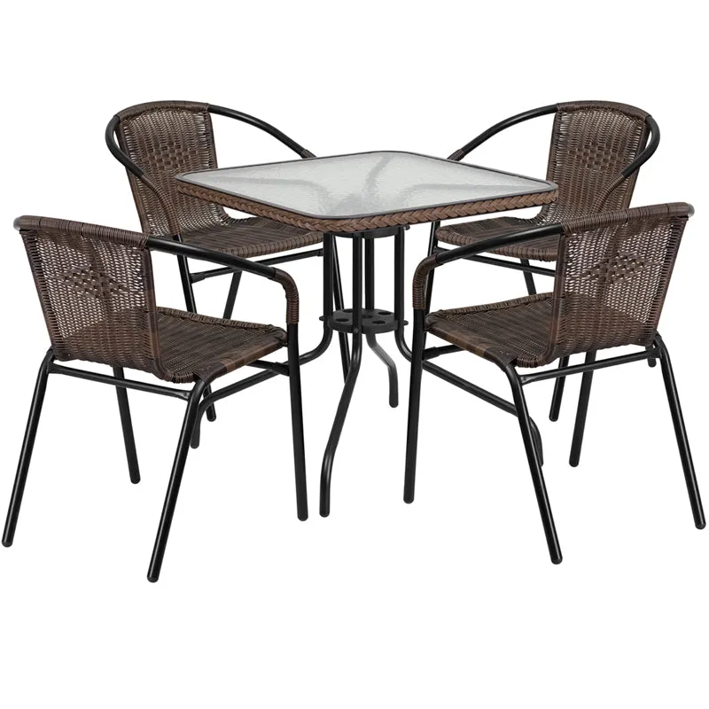 Milan 5 Piece Dark Brown Glass Patio Table Chair Set