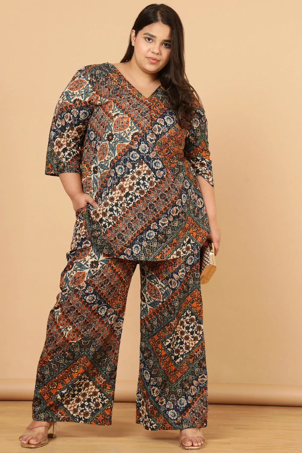 Plus Size Ethnic Print Cotton High Waist Pants