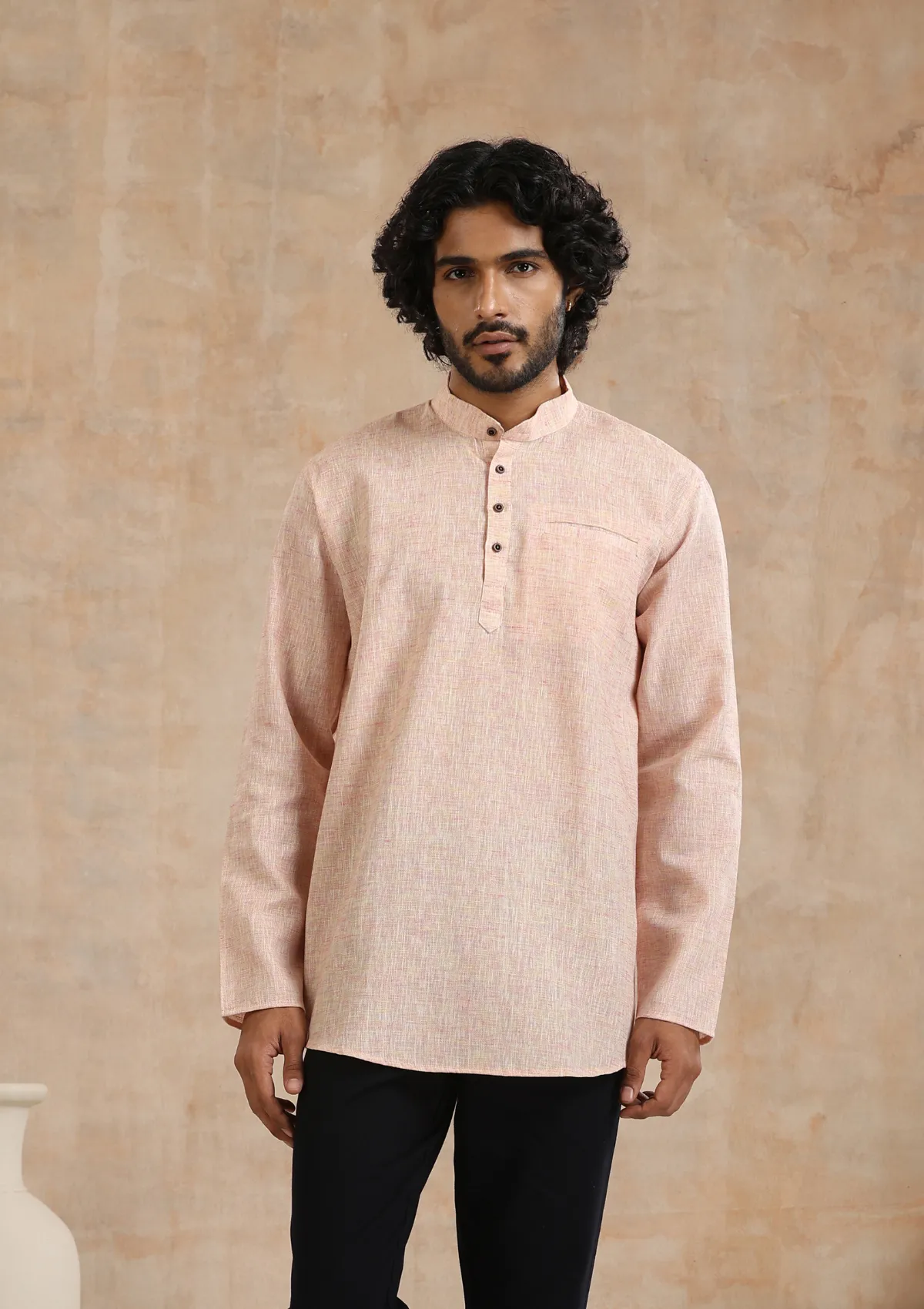 Poly Cotton Solid Men's Short Kurta - Pink