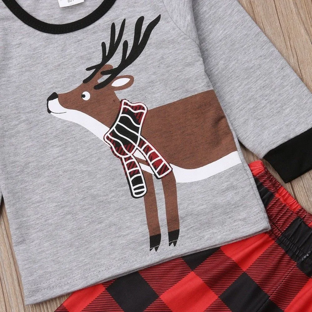 Toddler Baby Boys Girls Christmas Deer Print Long Sleeve Tops T shirt Plaid Pants Outfits Casual Set