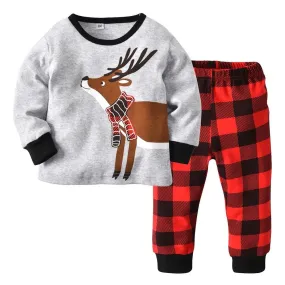 Toddler Baby Boys Girls Christmas Deer Print Long Sleeve Tops T shirt Plaid Pants Outfits Casual Set