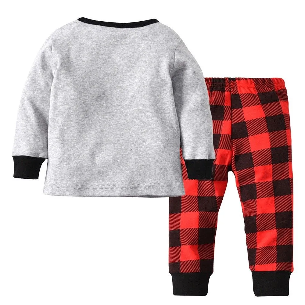 Toddler Baby Boys Girls Christmas Deer Print Long Sleeve Tops T shirt Plaid Pants Outfits Casual Set