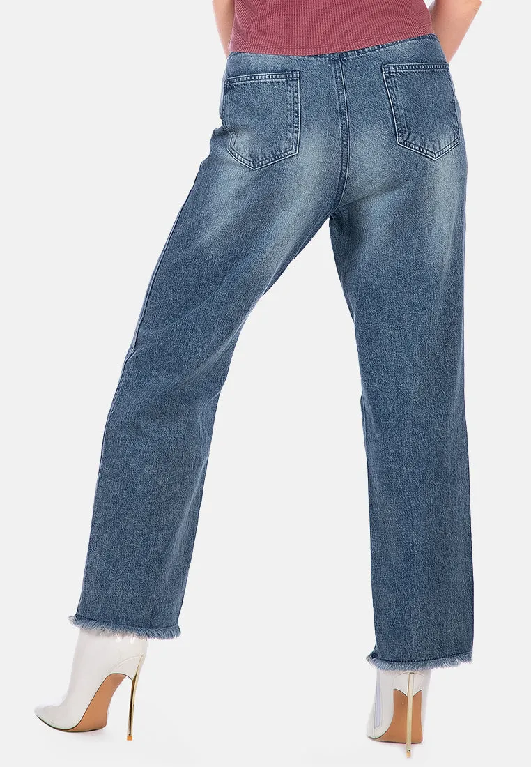 Washed Distressed Straight Denim Pants