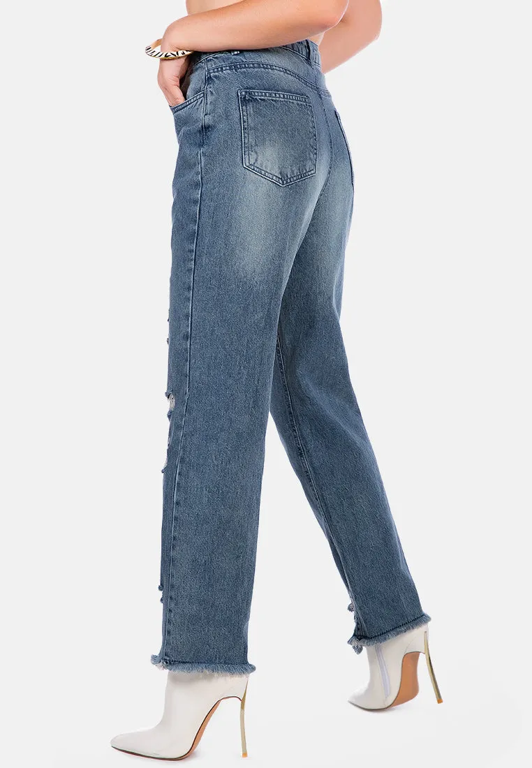Washed Distressed Straight Denim Pants