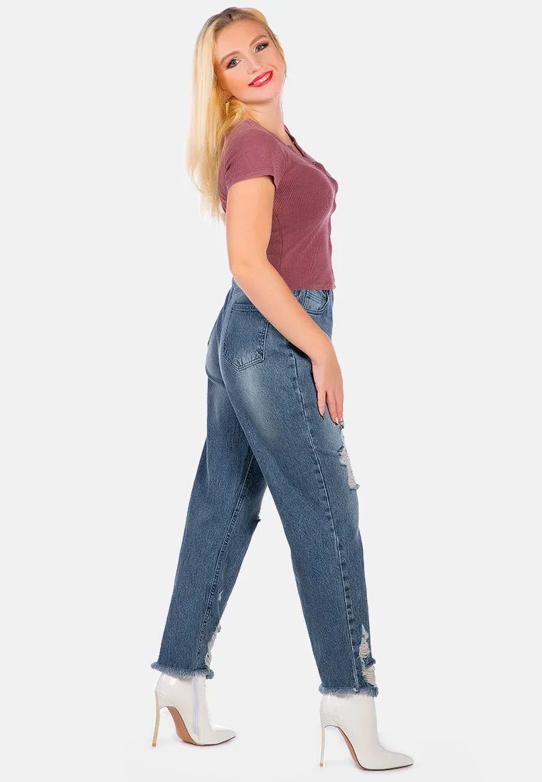 Washed Distressed Straight Denim Pants