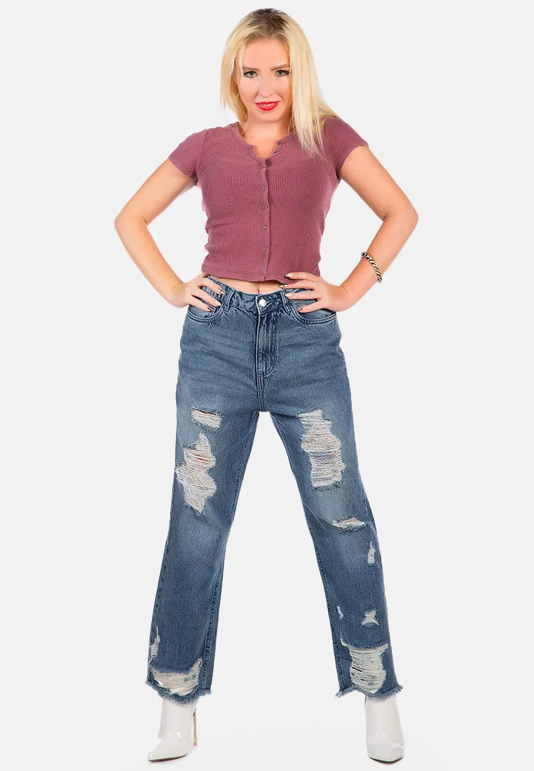 Washed Distressed Straight Denim Pants