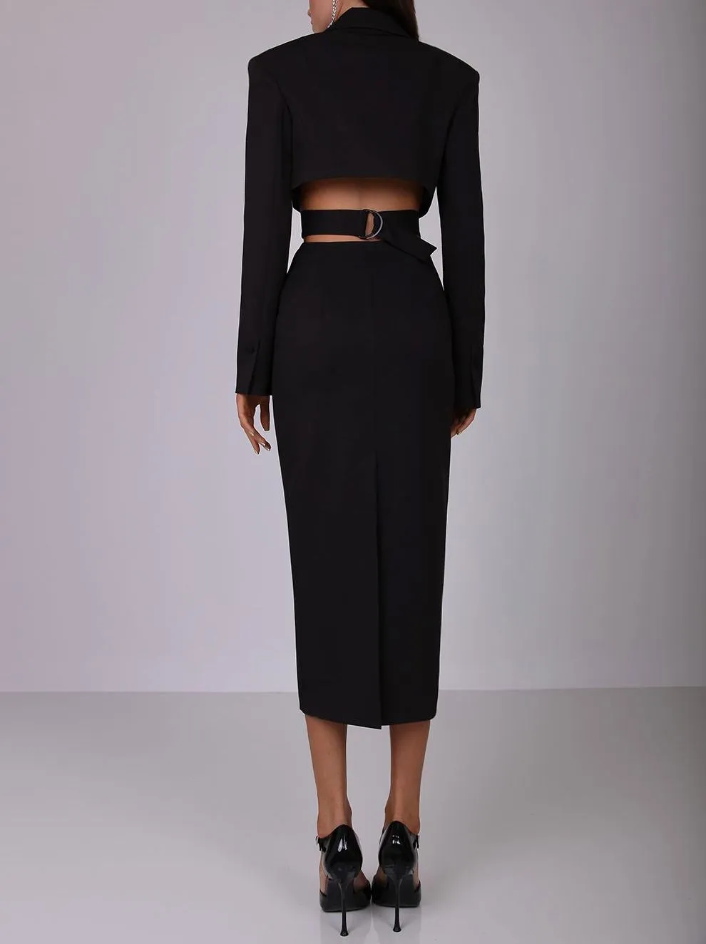 Women’s Backless Cut-Out Single-Breasted Black Midi Dress