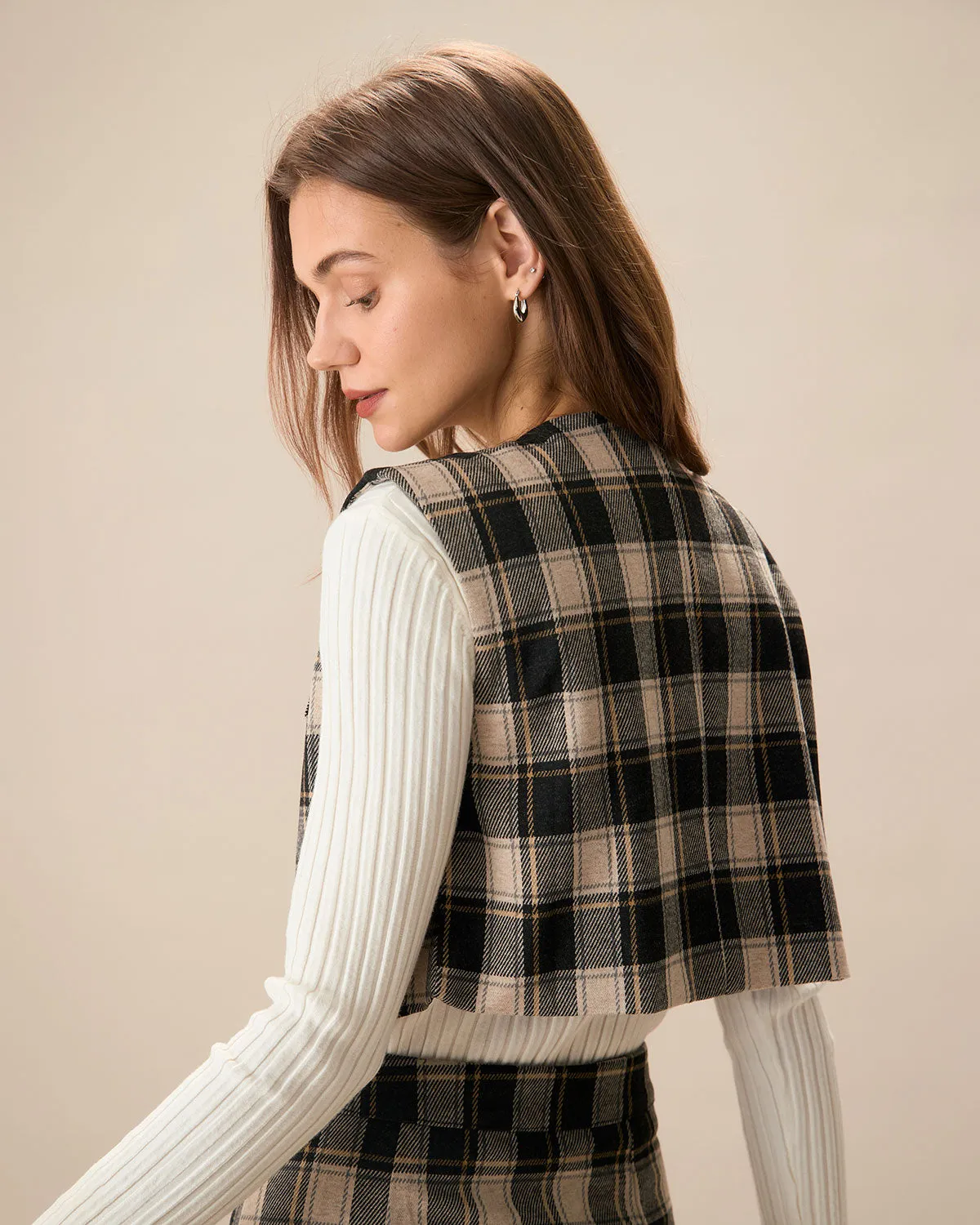 Women's Black Plaid Single-Breasted Vest