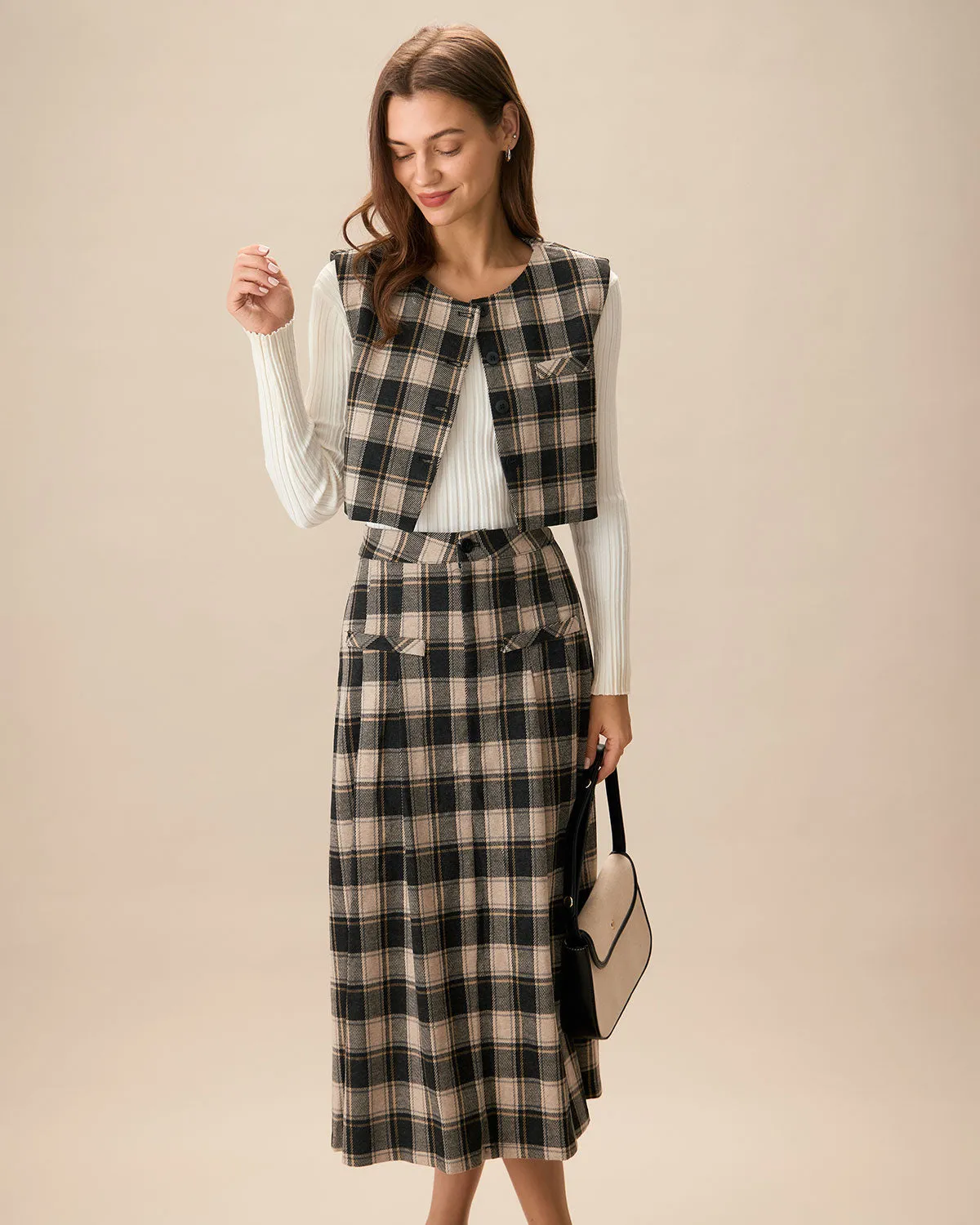 Women's Black Plaid Single-Breasted Vest
