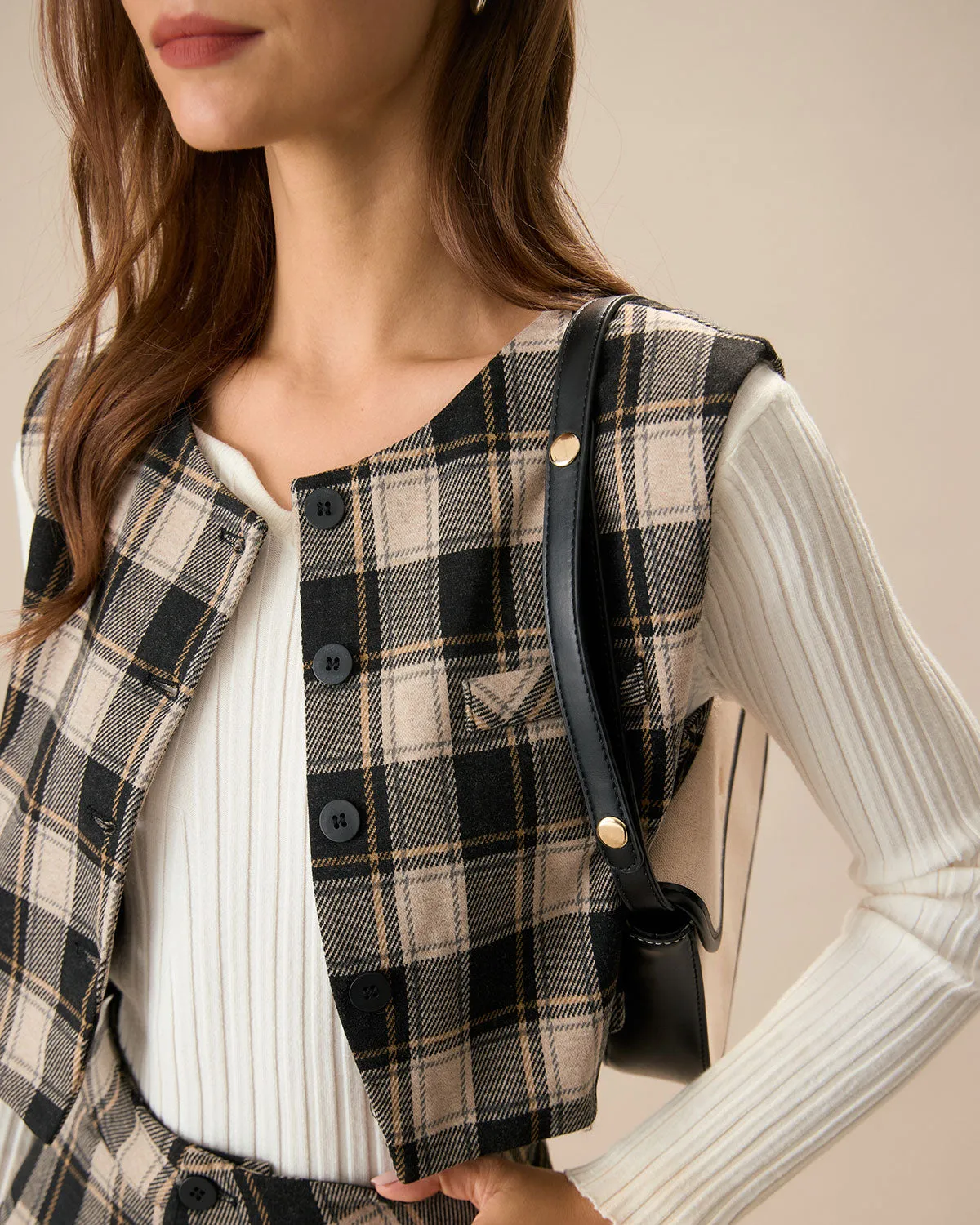 Women's Black Plaid Single-Breasted Vest
